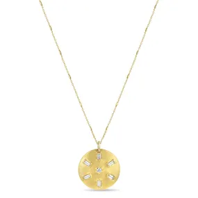 14k Baguette & Round Diamond Brushed Gold Domed Disc Necklace