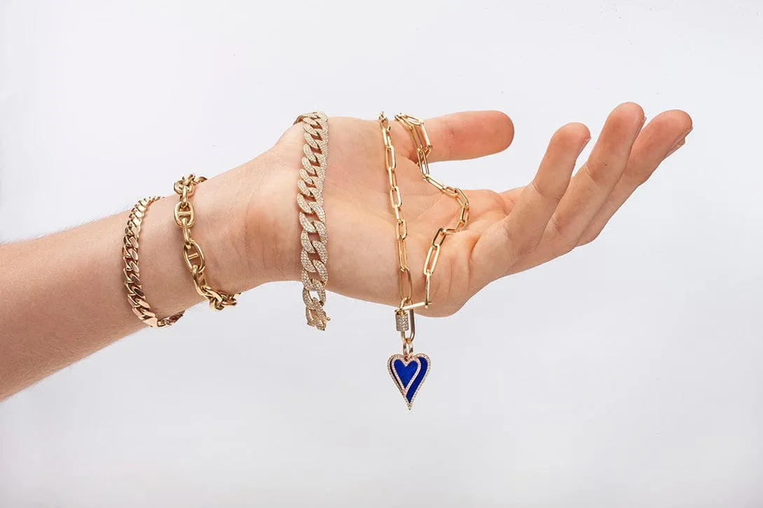 14K Gold Small Blue Lapis and Diamond Elongated Heart Charm