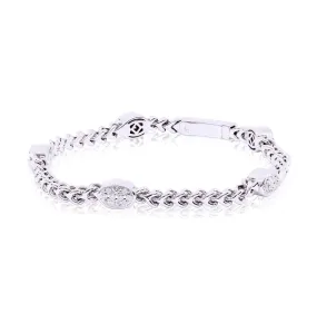 14K WHITE GOLD 7-INCH 3MM BOXED WHEAT LINK CHAIN BRACELET WITH PAVE DIAMOND STATIONS 0.45CTW