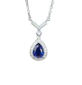 6*8MM Sapphire 925 Sterling Silver Pear Cut Pendant Necklace