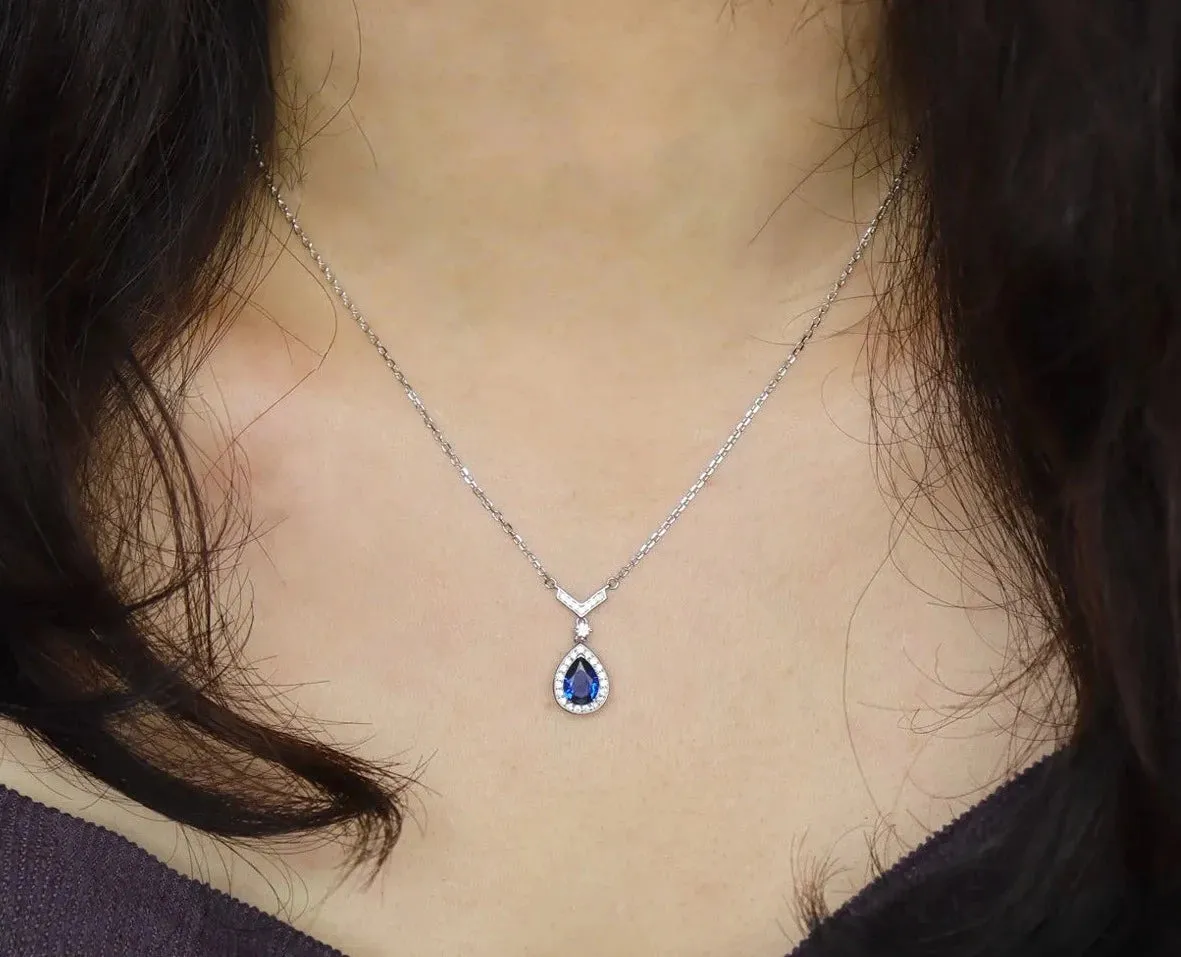 6*8MM Sapphire 925 Sterling Silver Pear Cut Pendant Necklace