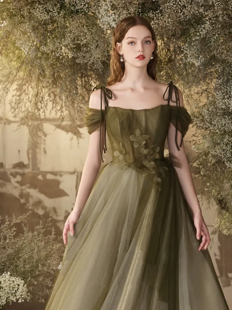 A-Line Off Shoulder Tulle Lace Green Long Prom Dress, Green Lace Long Formal Dress