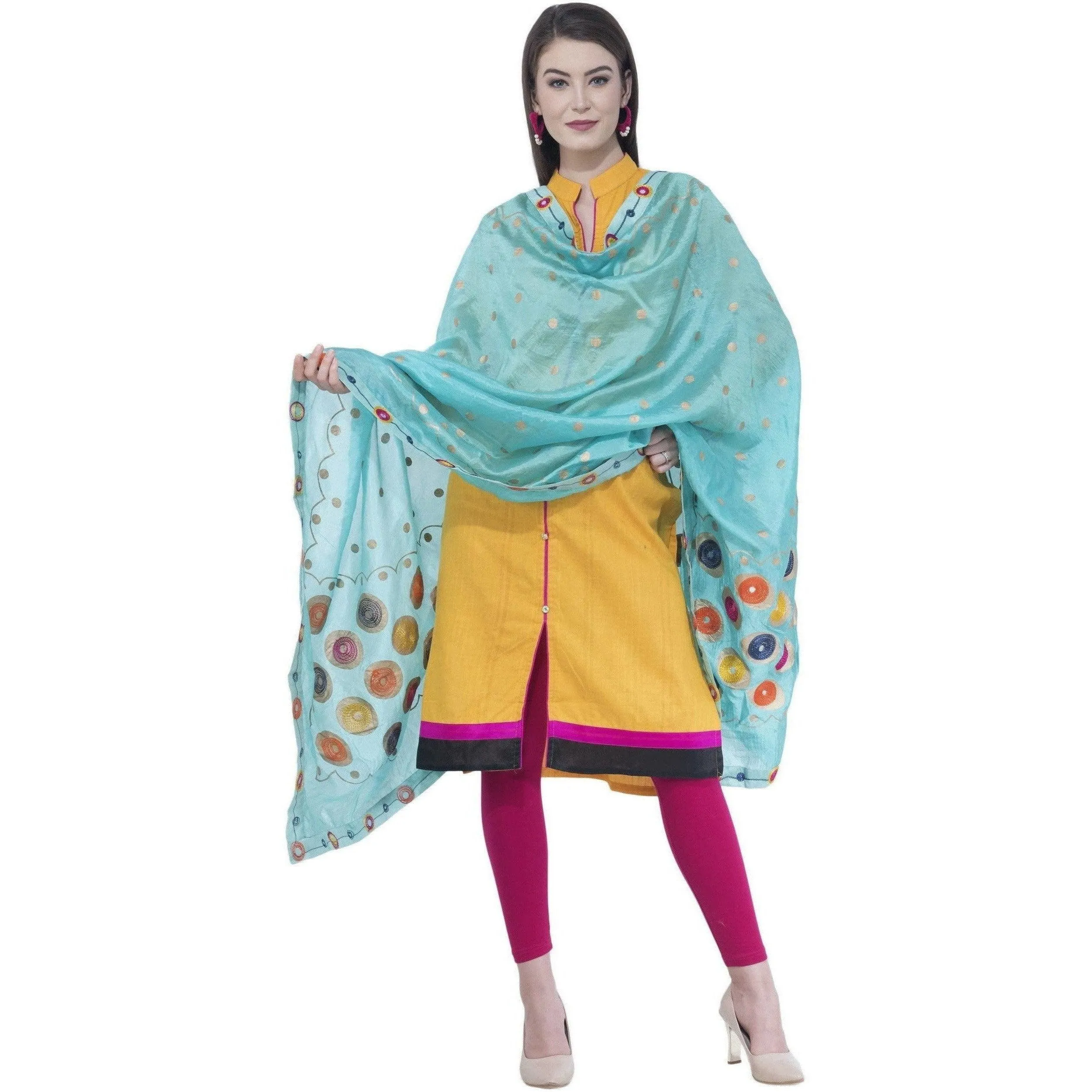 A R Silk Light Firozi Color Silk Multi Rasgulla Dupattas and Chunnis