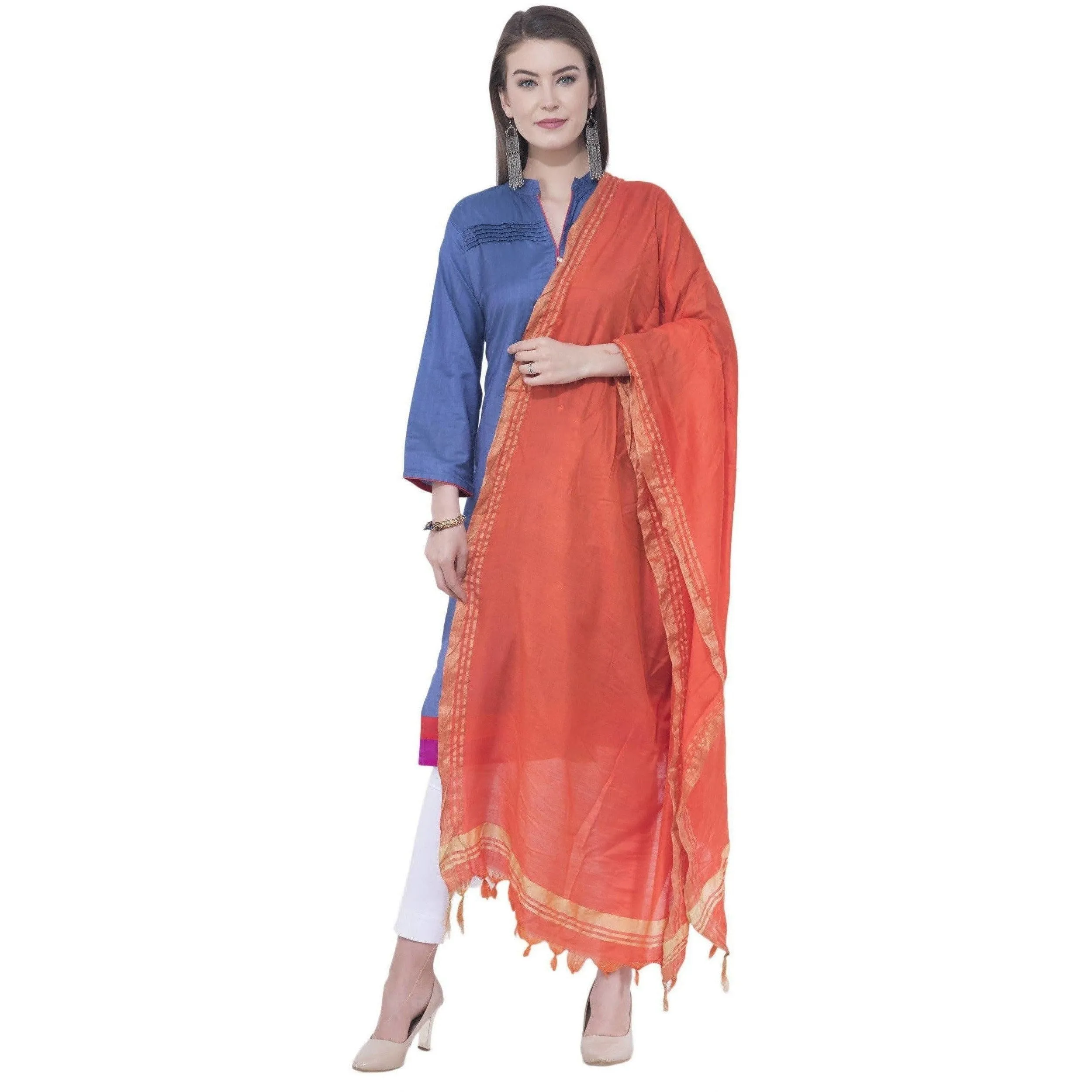 A R Silk Orange Color Golden Border Cotton Dupattas and Chunnis