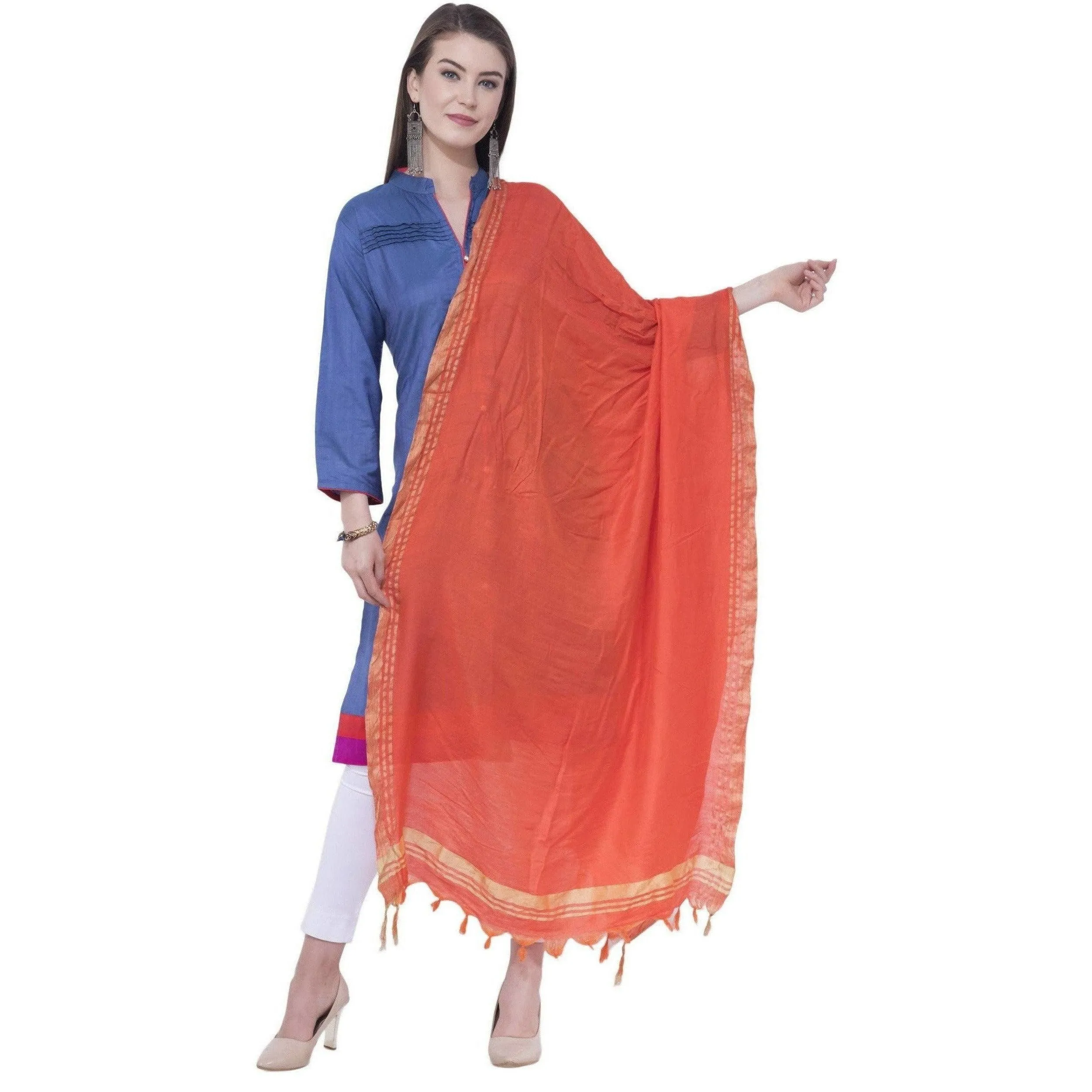 A R Silk Orange Color Golden Border Cotton Dupattas and Chunnis