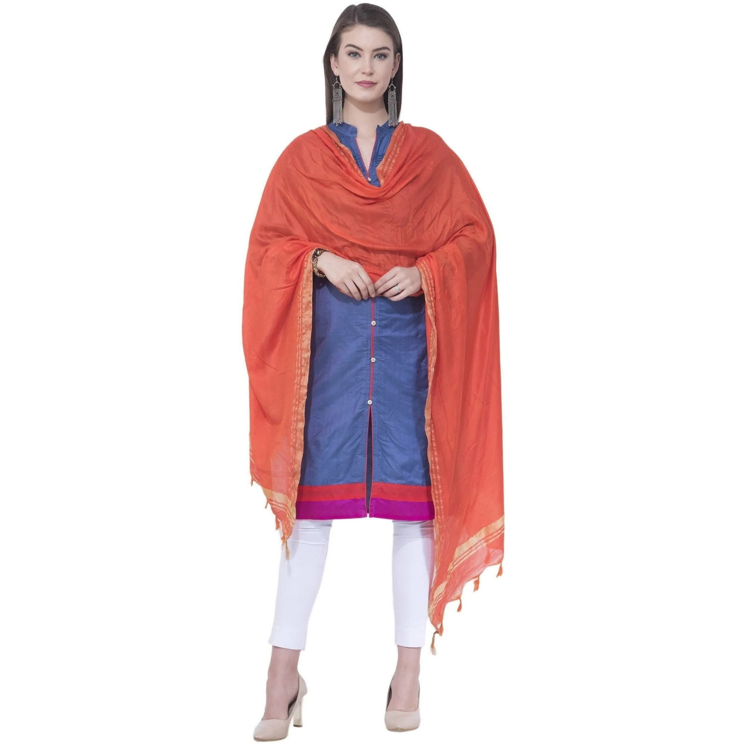 A R Silk Orange Color Golden Border Cotton Dupattas and Chunnis