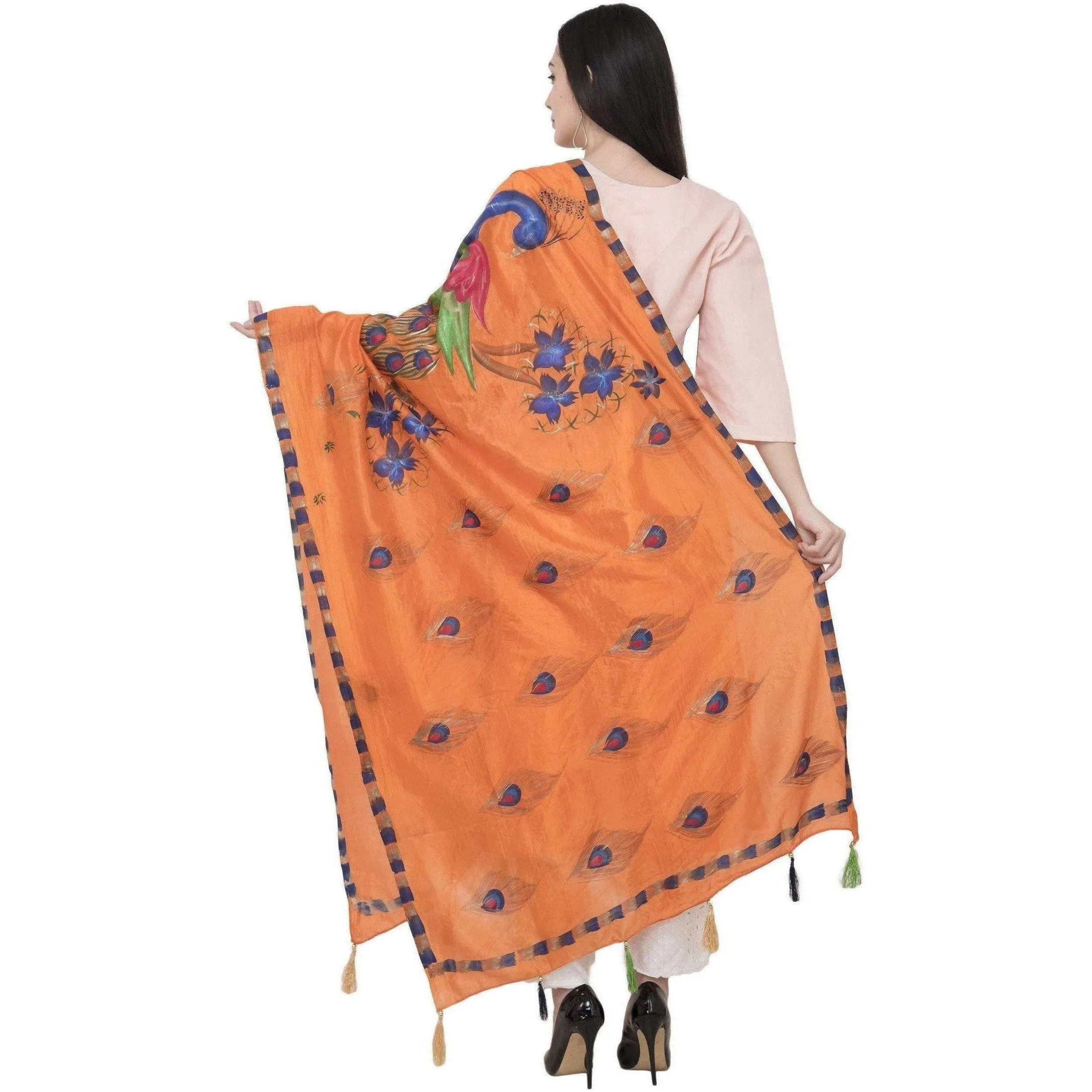 A R Silk Silk Peacock Multi Fancy Dupatta Color Orange Dupatta or Chunni