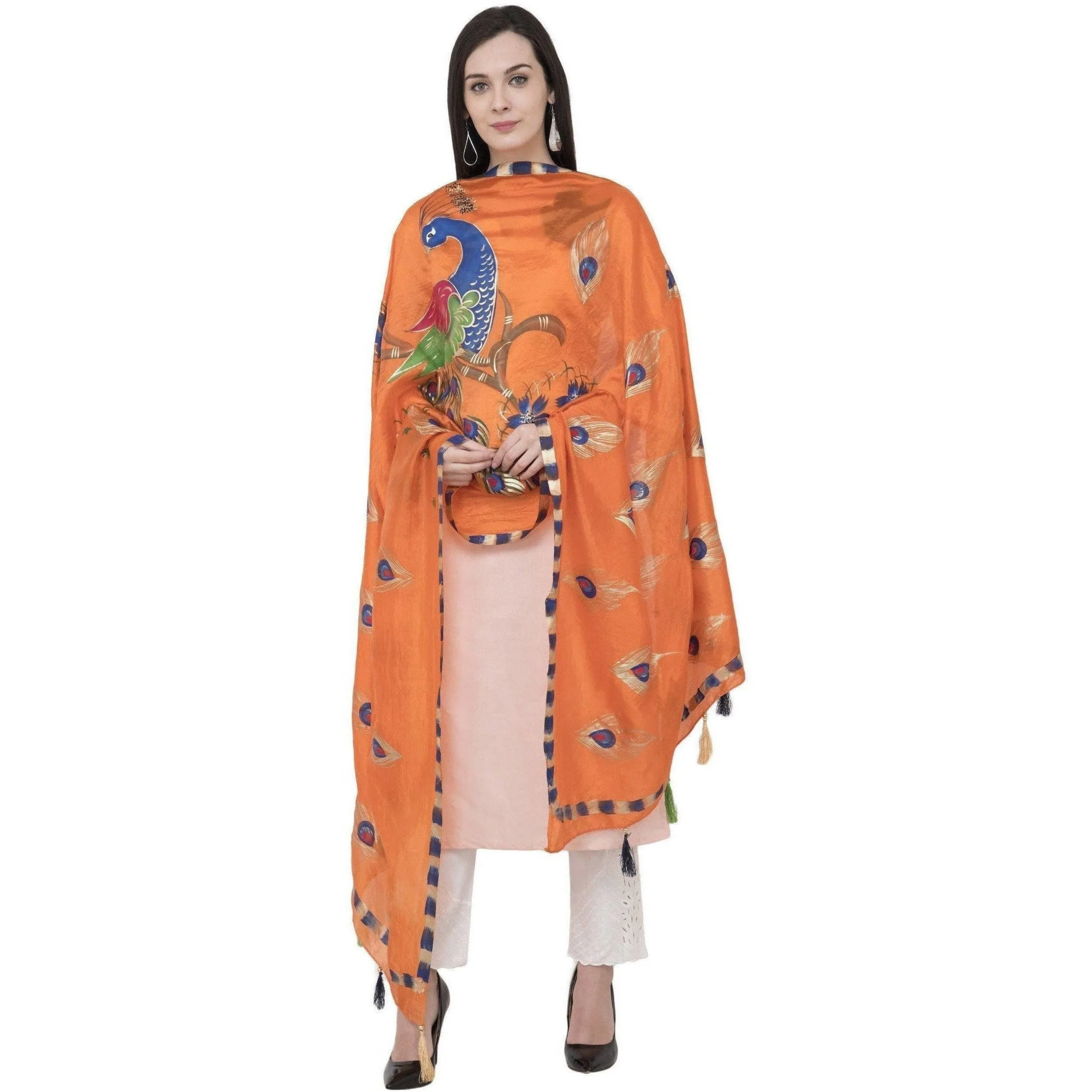 A R Silk Silk Peacock Multi Fancy Dupatta Color Orange Dupatta or Chunni