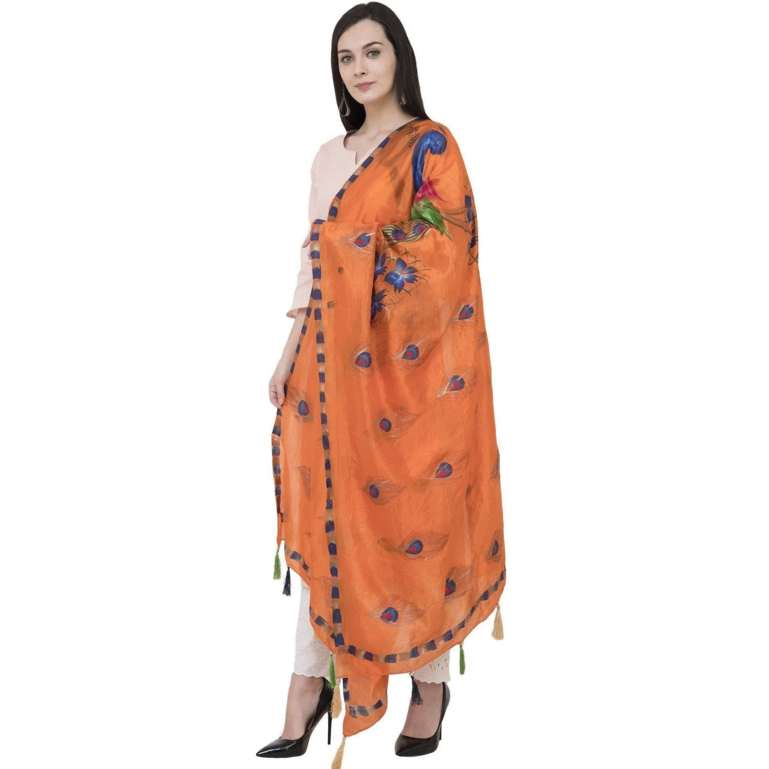 A R Silk Silk Peacock Multi Fancy Dupatta Color Orange Dupatta or Chunni