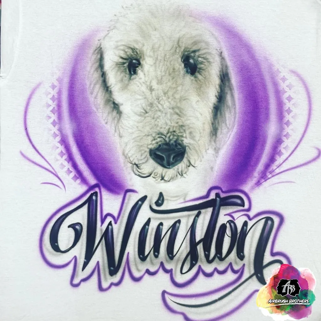 Airbrush Pet Portrait w/ Outlined Name Shirt Design