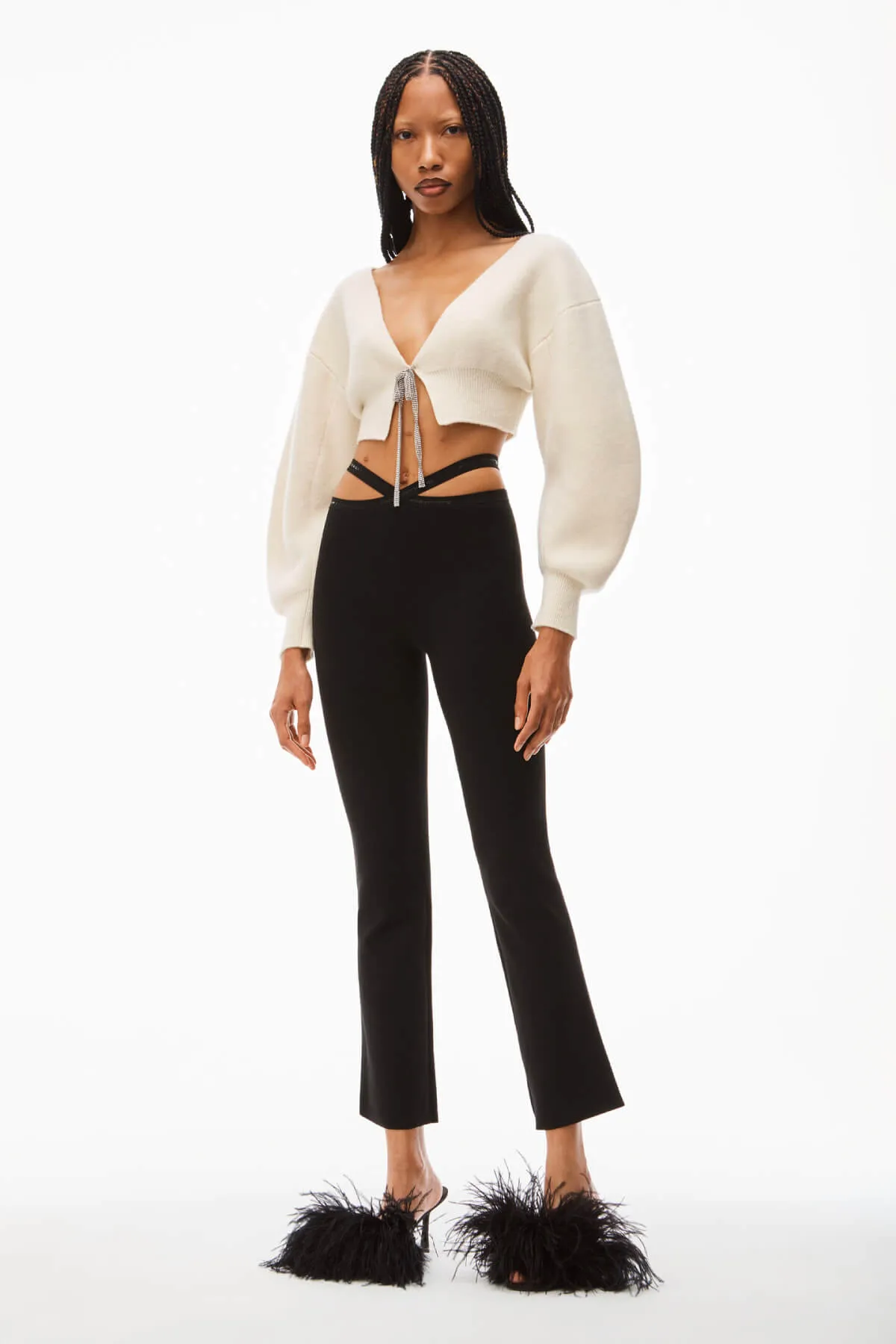 Alexander Wang Crystal Tie V-Neck Cropped Cardigan - Ivory