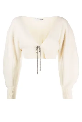 Alexander Wang Crystal Tie V-Neck Cropped Cardigan - Ivory