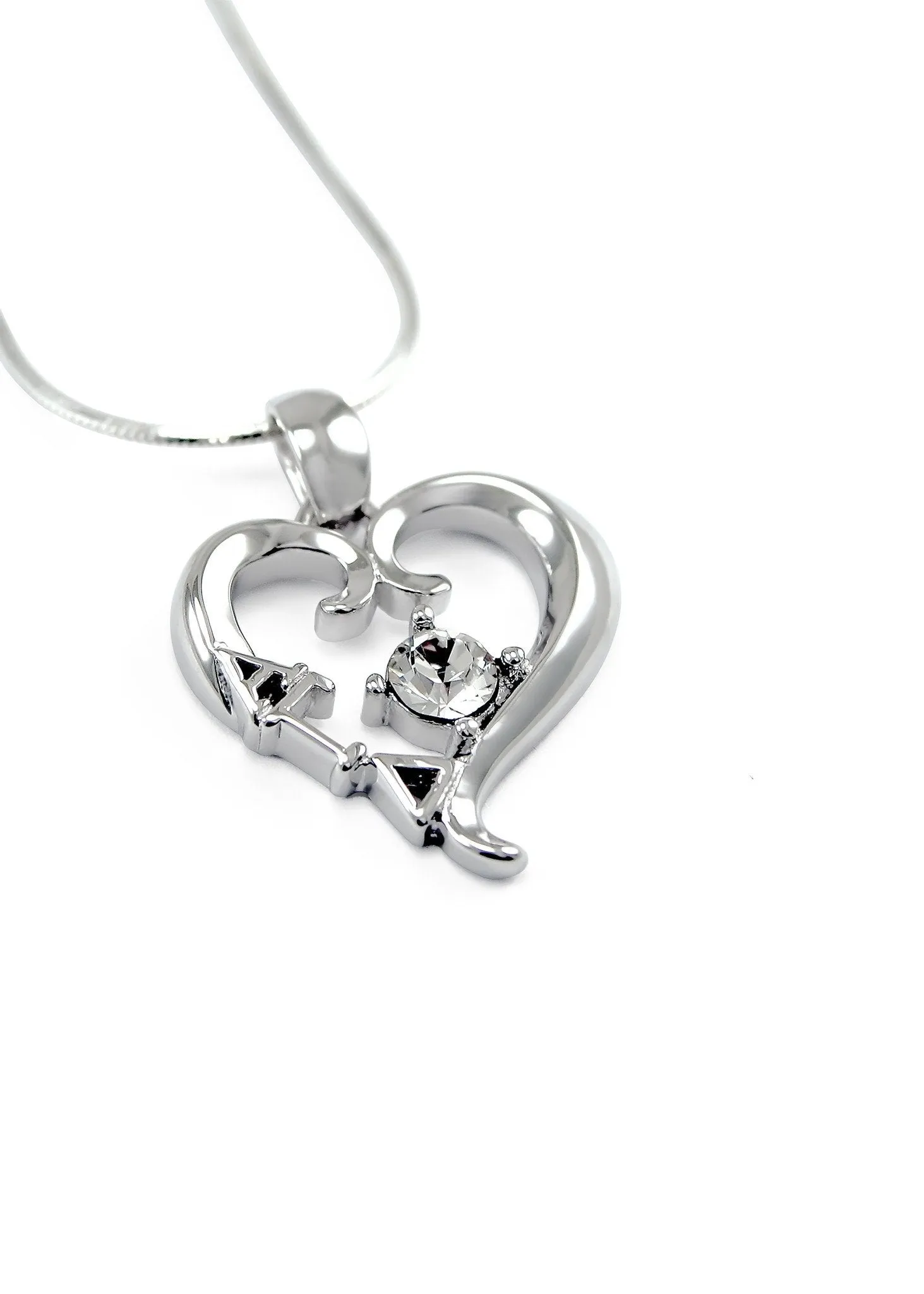 Alpha Gamma Delta Sterling Silver Heart Pendant with Clear CZ Crystal