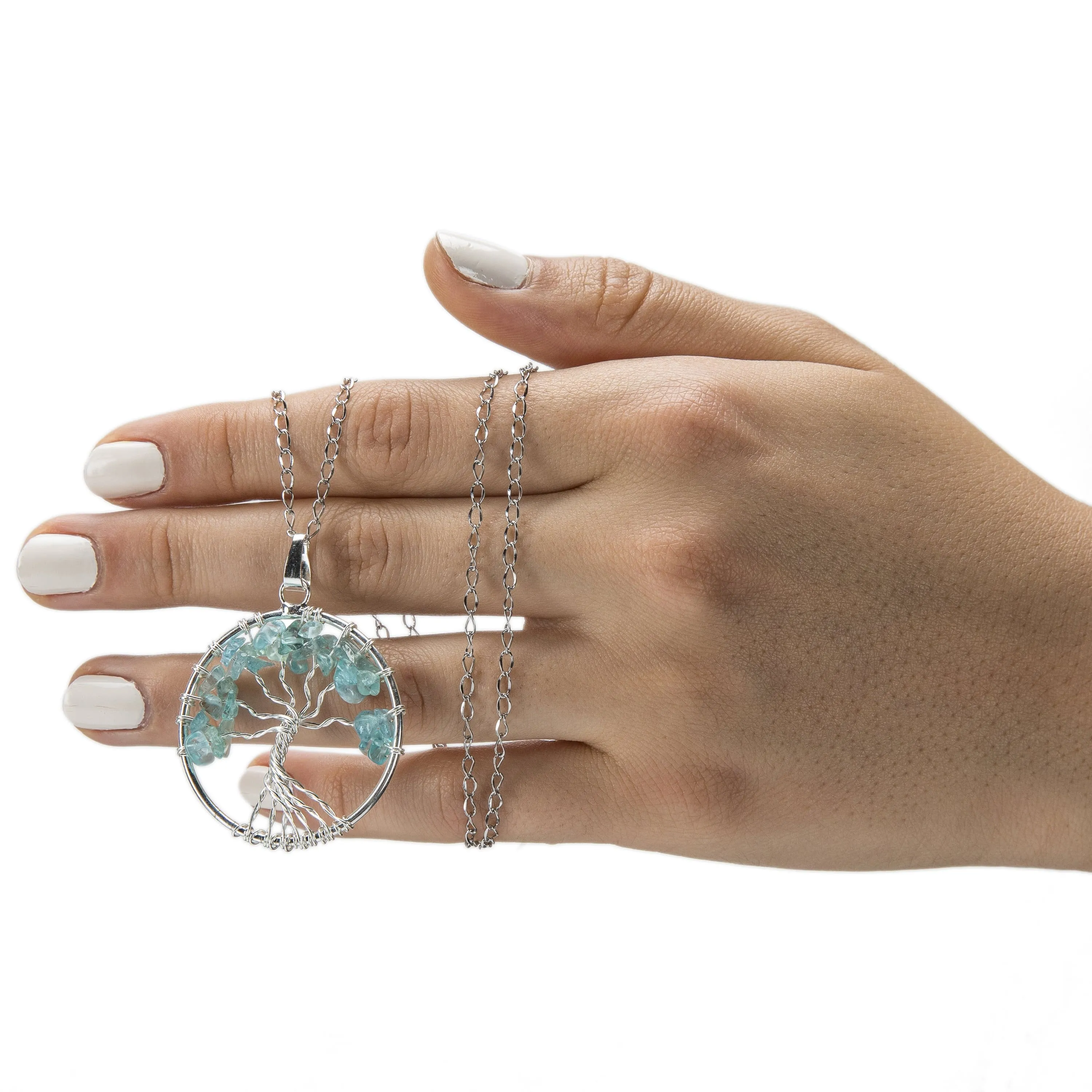 Aquamarine Chakra Gemstone Tree of Life Necklace & Stainless Steel Chain