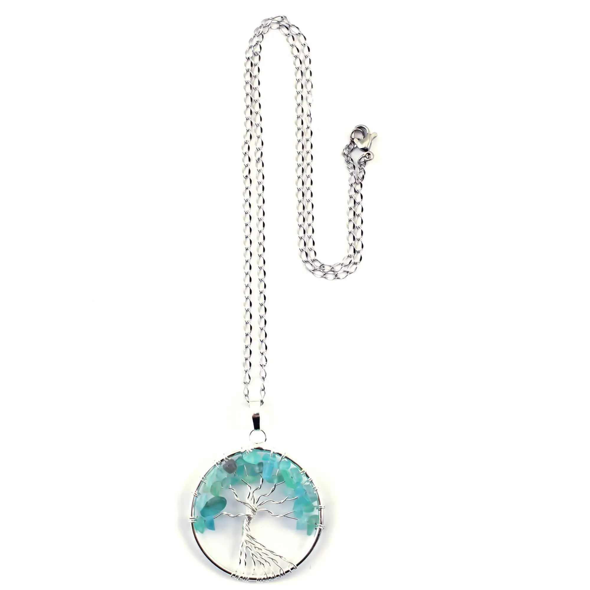 Aquamarine Chakra Gemstone Tree of Life Necklace & Stainless Steel Chain