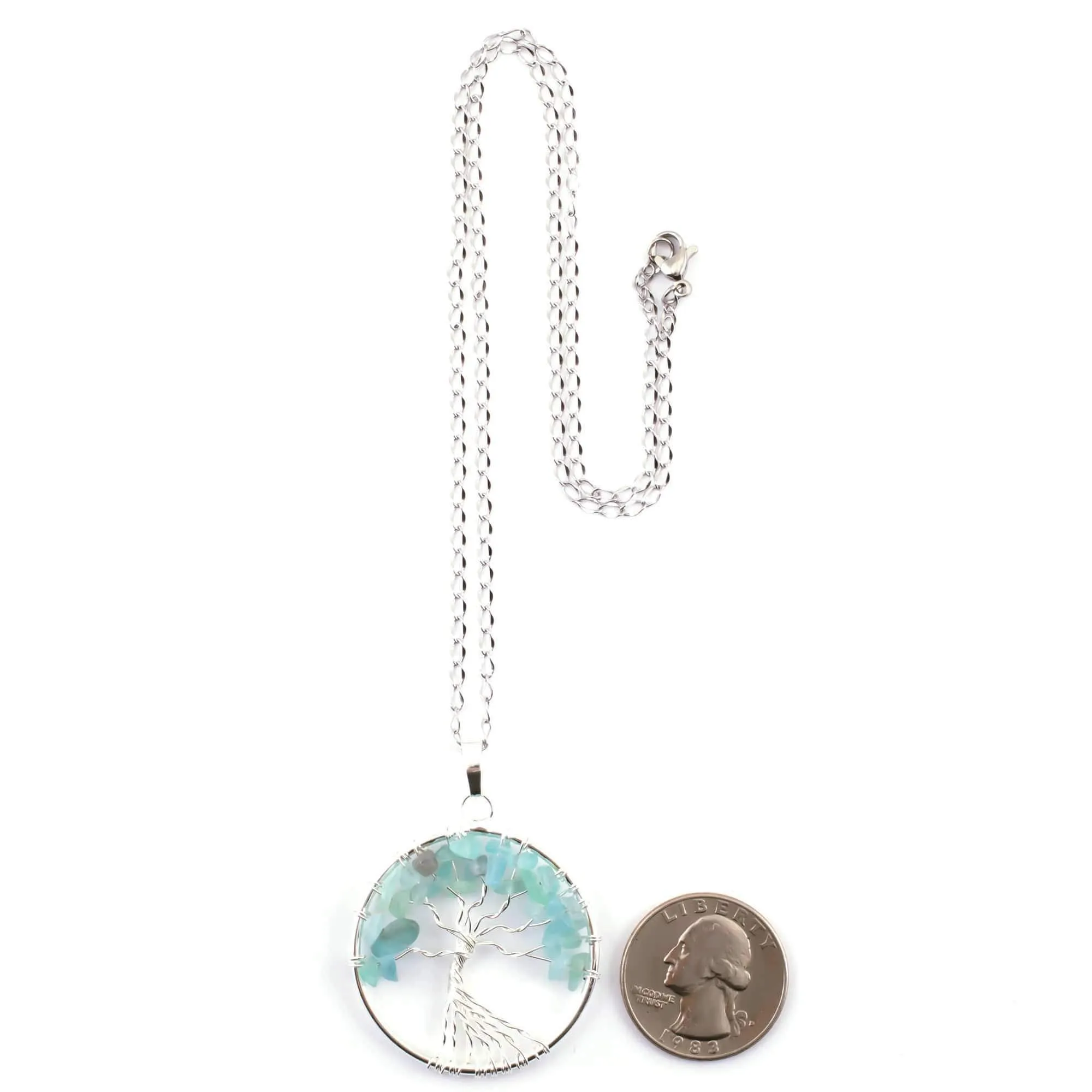 Aquamarine Chakra Gemstone Tree of Life Necklace & Stainless Steel Chain