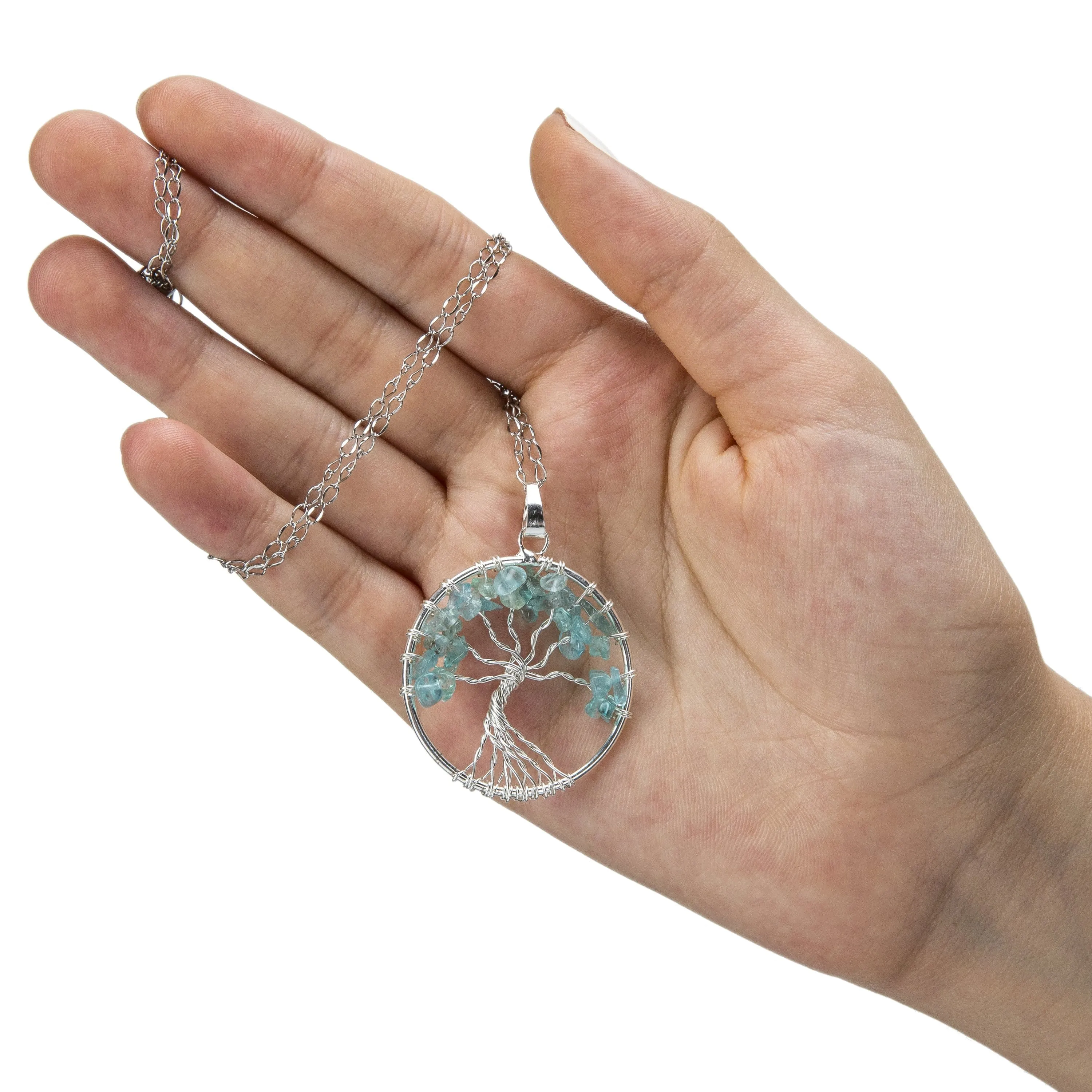 Aquamarine Chakra Gemstone Tree of Life Necklace & Stainless Steel Chain