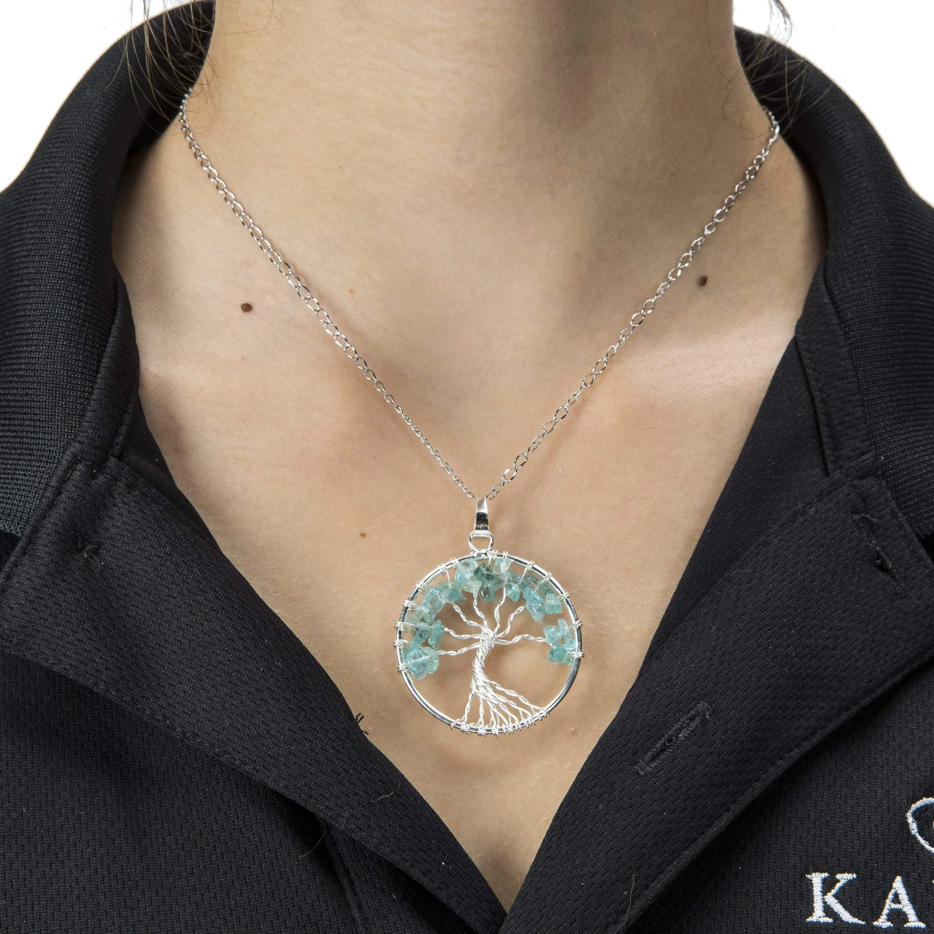 Aquamarine Chakra Gemstone Tree of Life Necklace & Stainless Steel Chain