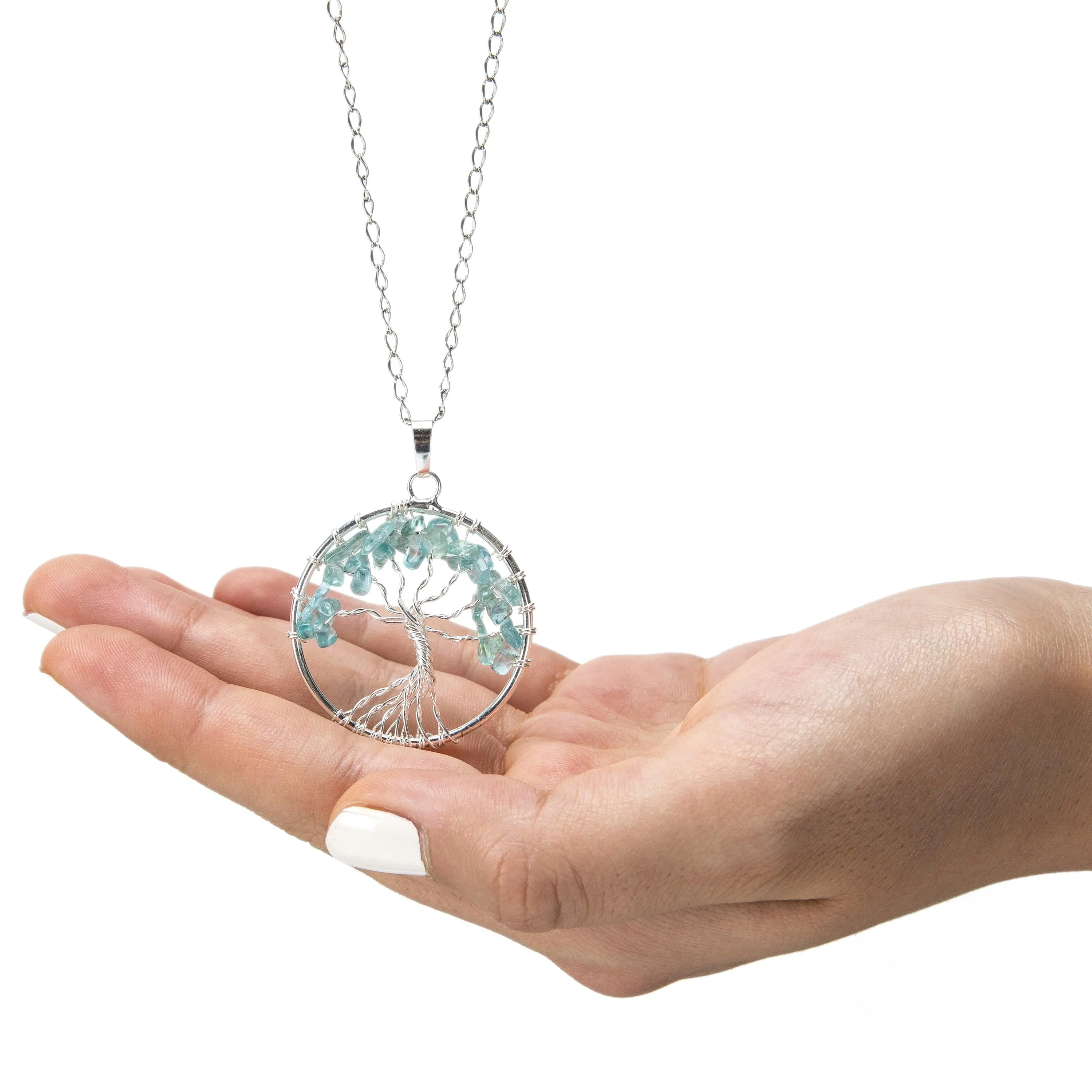 Aquamarine Chakra Gemstone Tree of Life Necklace & Stainless Steel Chain