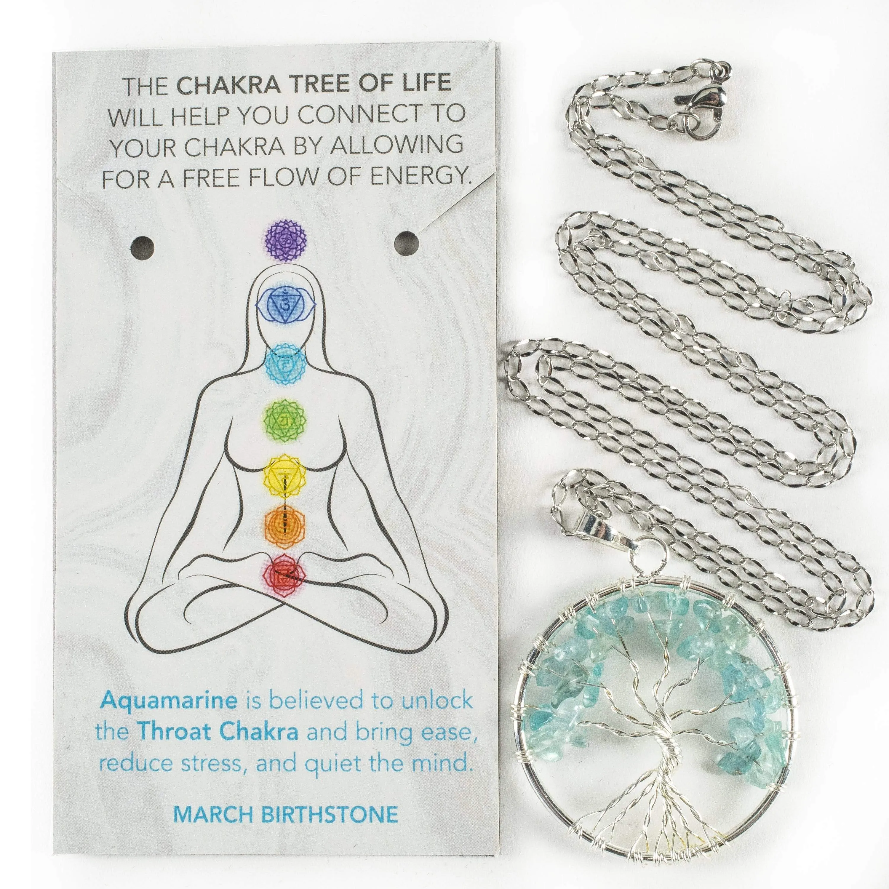 Aquamarine Chakra Gemstone Tree of Life Necklace & Stainless Steel Chain