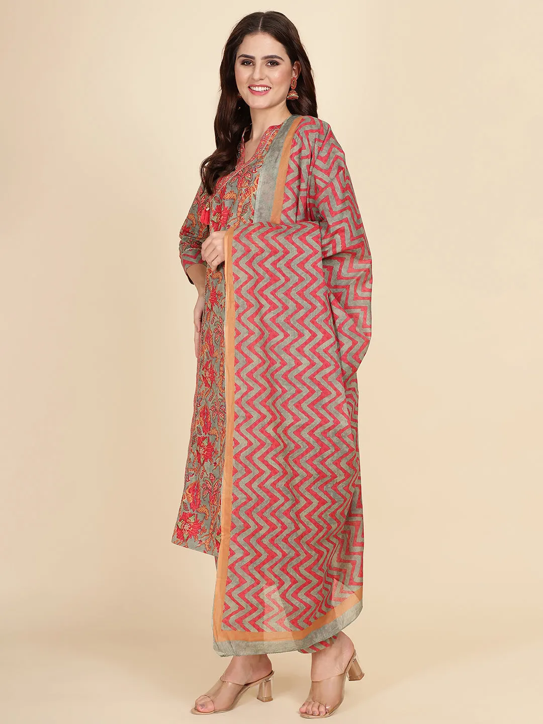 Block Print Cotton Suit Set With Dupatta