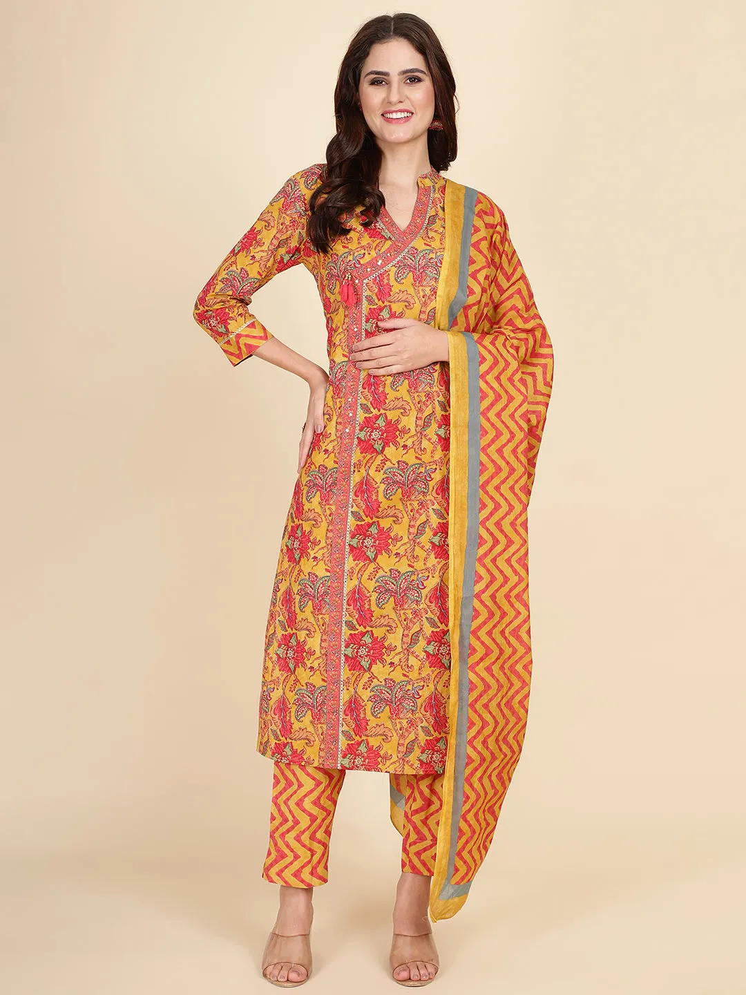 Block Print Cotton Suit Set With Dupatta