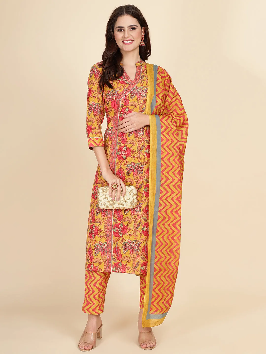 Block Print Cotton Suit Set With Dupatta