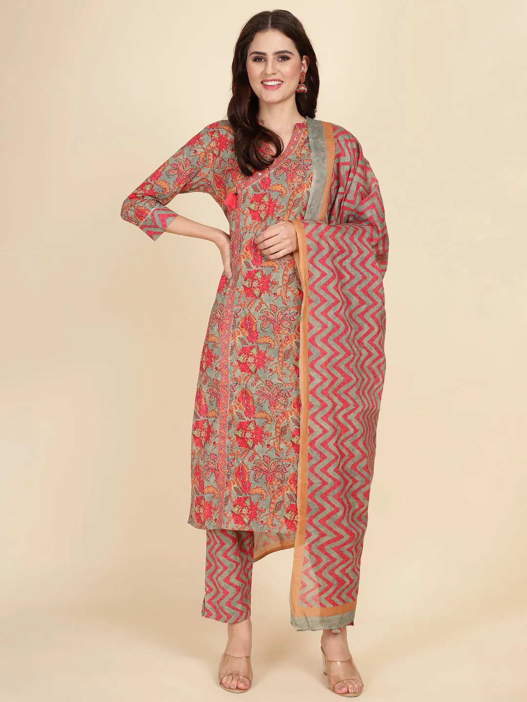 Block Print Cotton Suit Set With Dupatta