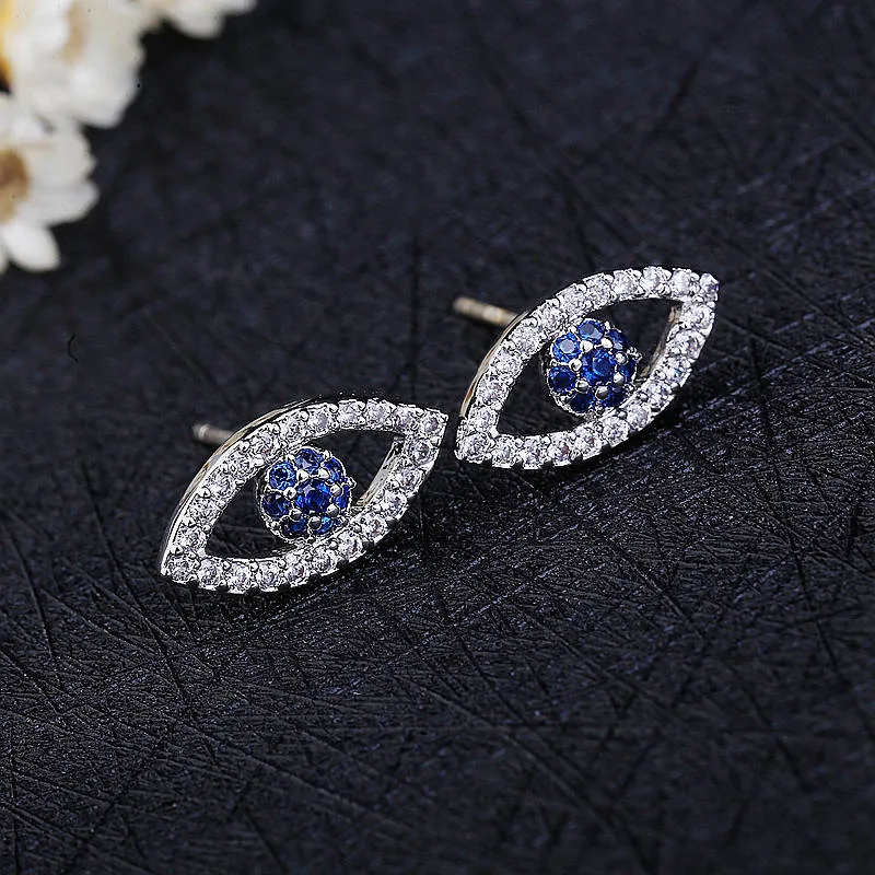 Blue CZ Crystal Silver Evil Eye Earrings