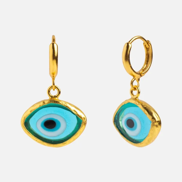 Bronte Blue Glass Evil Eye Huggie Earrings