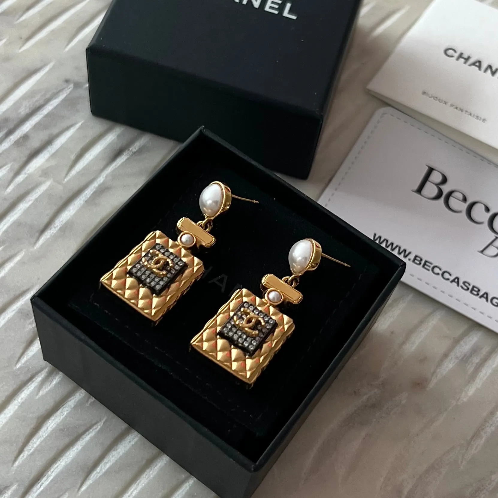 CHANEL Crystal Pearl CC Perfume Bottle Drop Earrings Gold