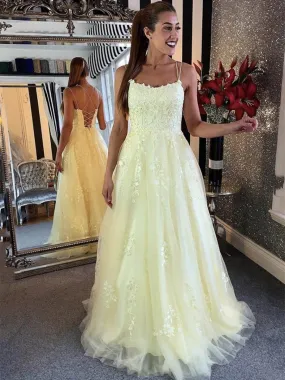 Charming Long A-line Backless Tulle Lace Formal Prom Graduation Dresses