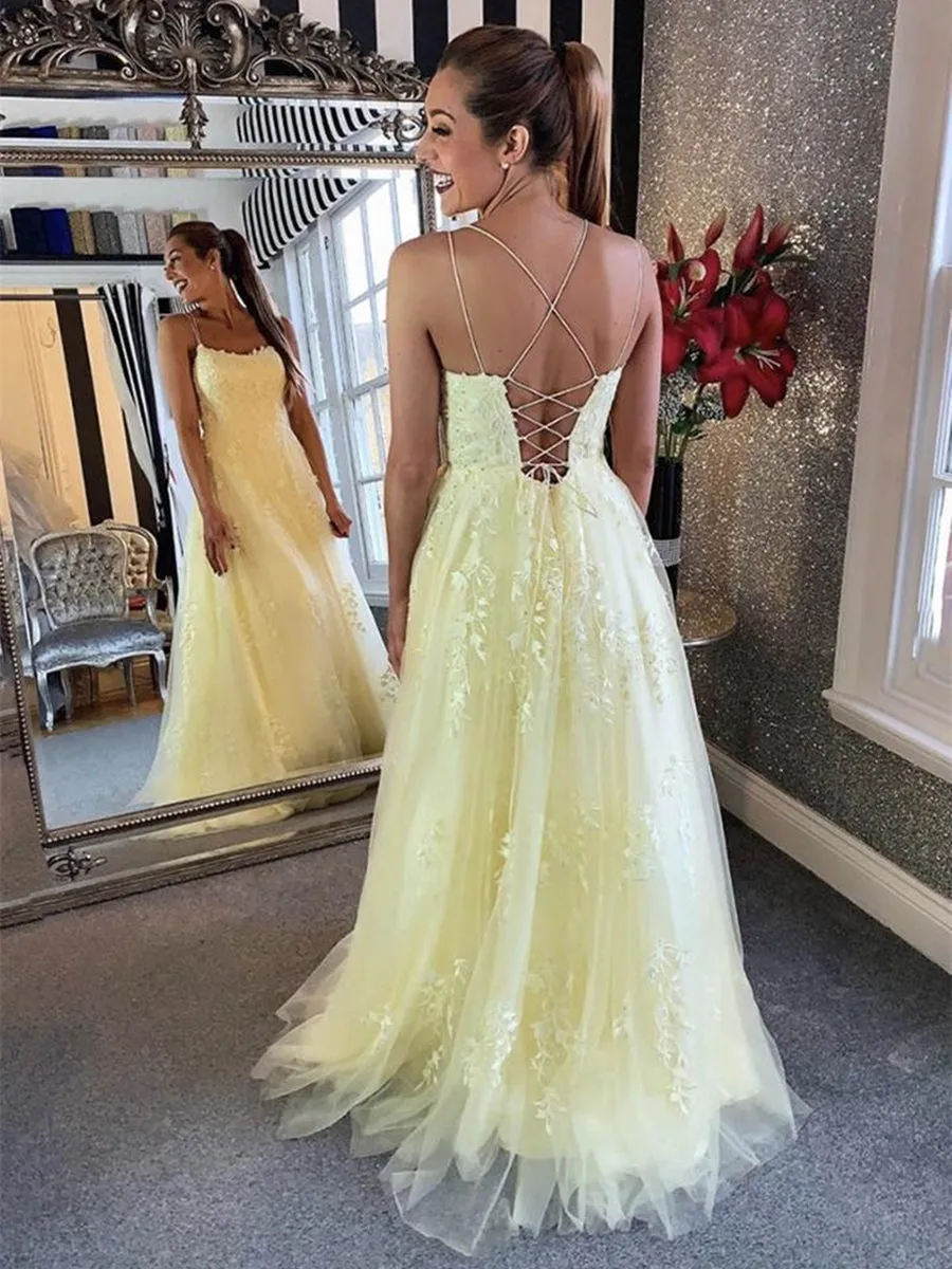 Charming Long A-line Backless Tulle Lace Formal Prom Graduation Dresses