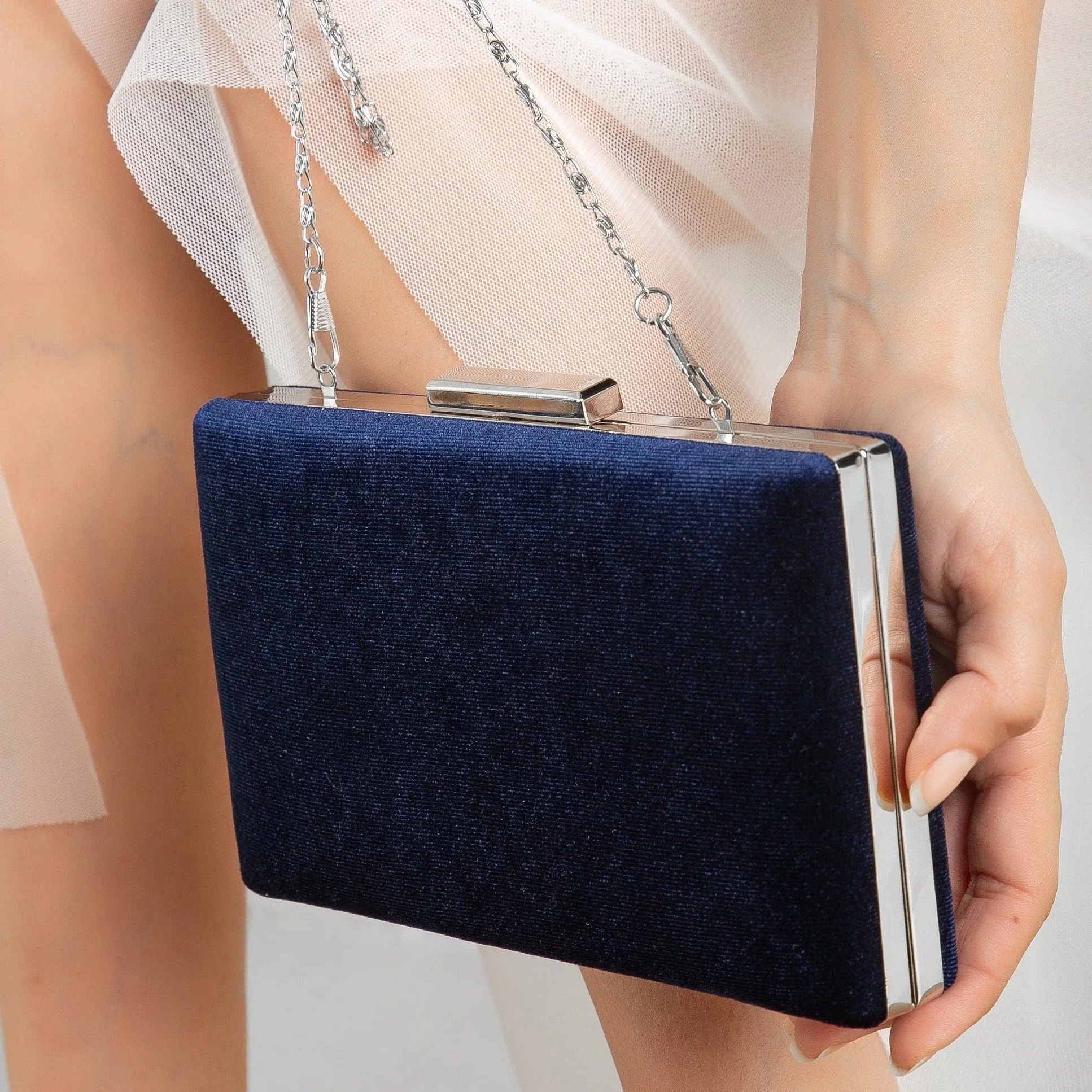 Clara Vegan Velvet Clutch | Dark Blue