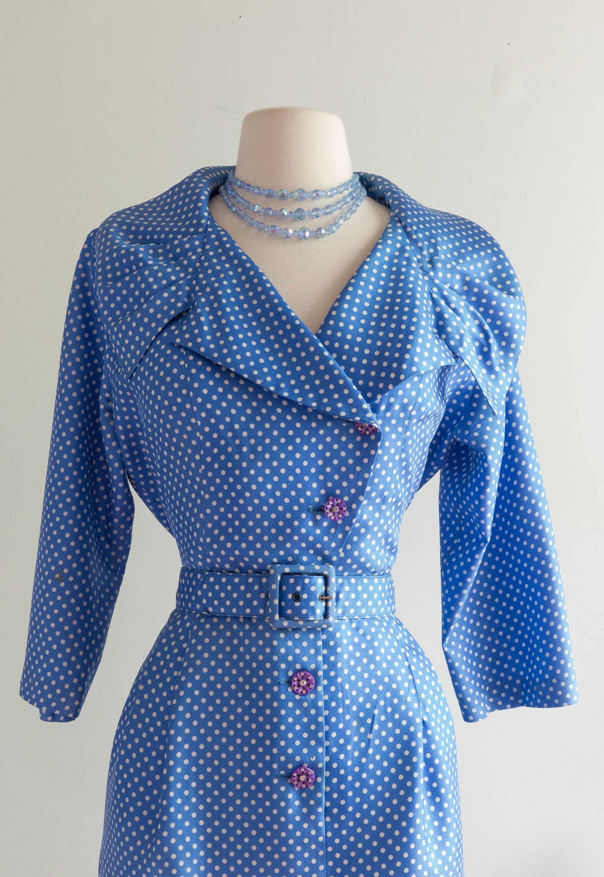 Classic 1950's Cornflower Blue Polka Dot Wiggle Dress With Dramatic Collar / ML