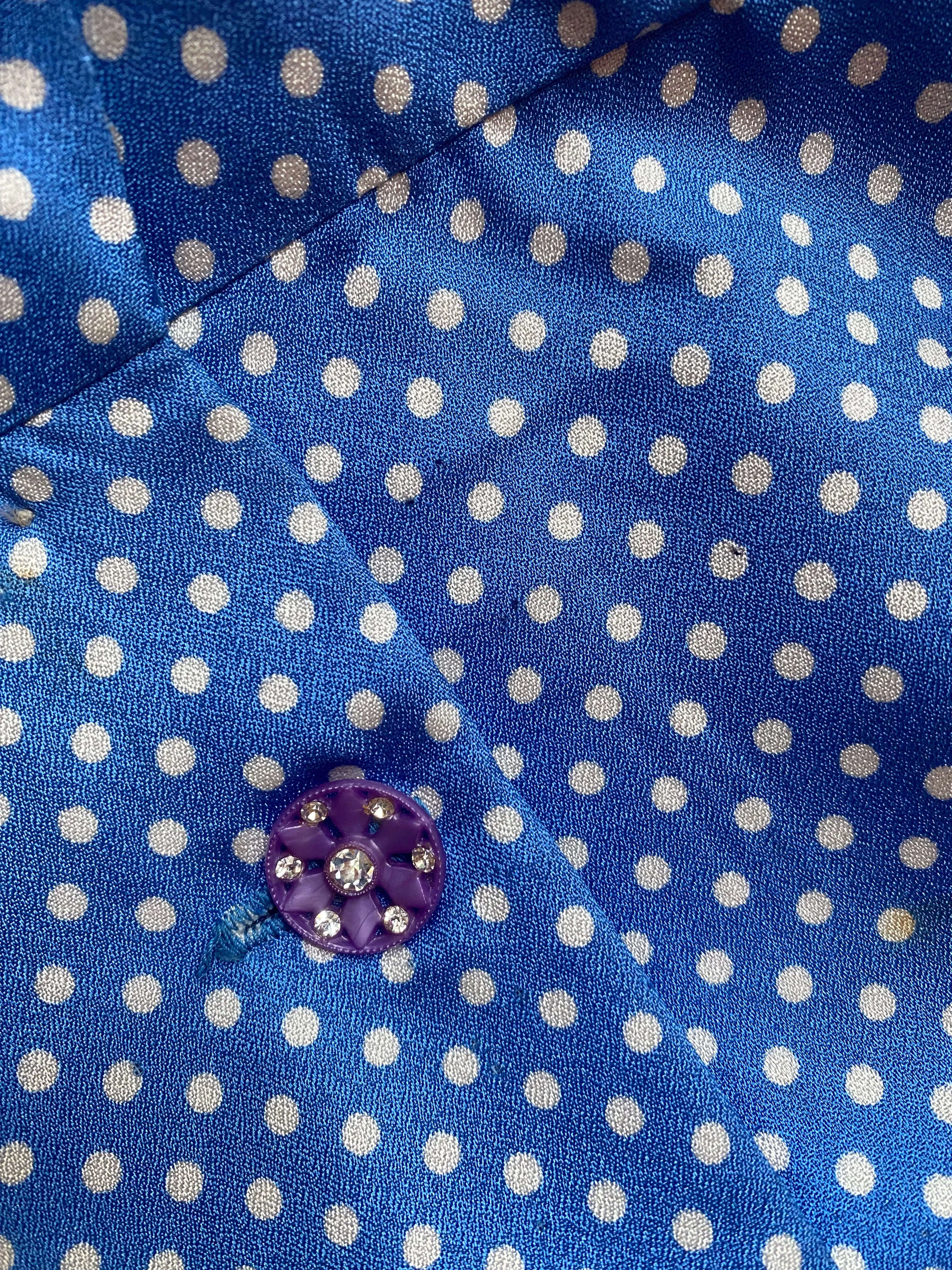 Classic 1950's Cornflower Blue Polka Dot Wiggle Dress With Dramatic Collar / ML