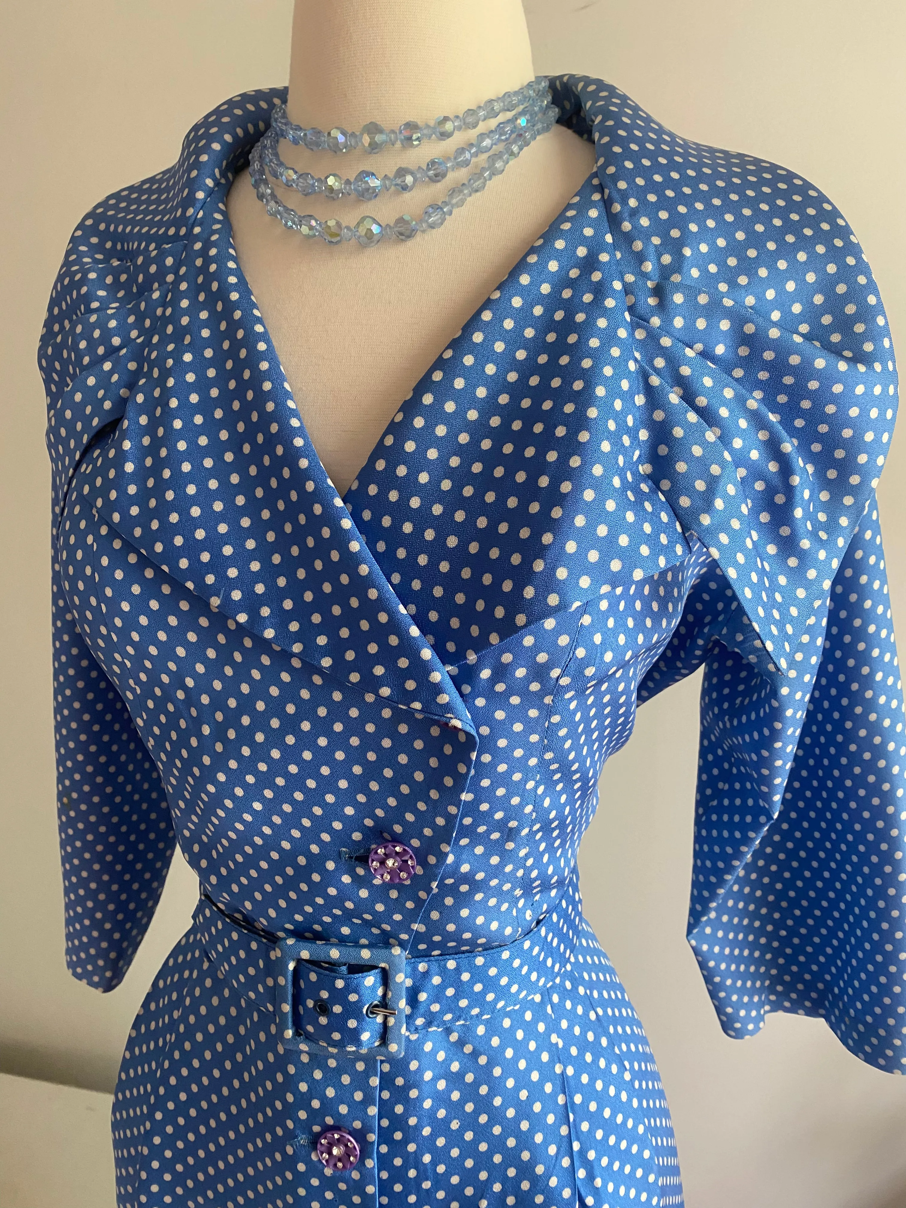 Classic 1950's Cornflower Blue Polka Dot Wiggle Dress With Dramatic Collar / ML