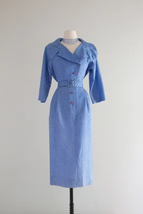 Classic 1950's Cornflower Blue Polka Dot Wiggle Dress With Dramatic Collar / ML