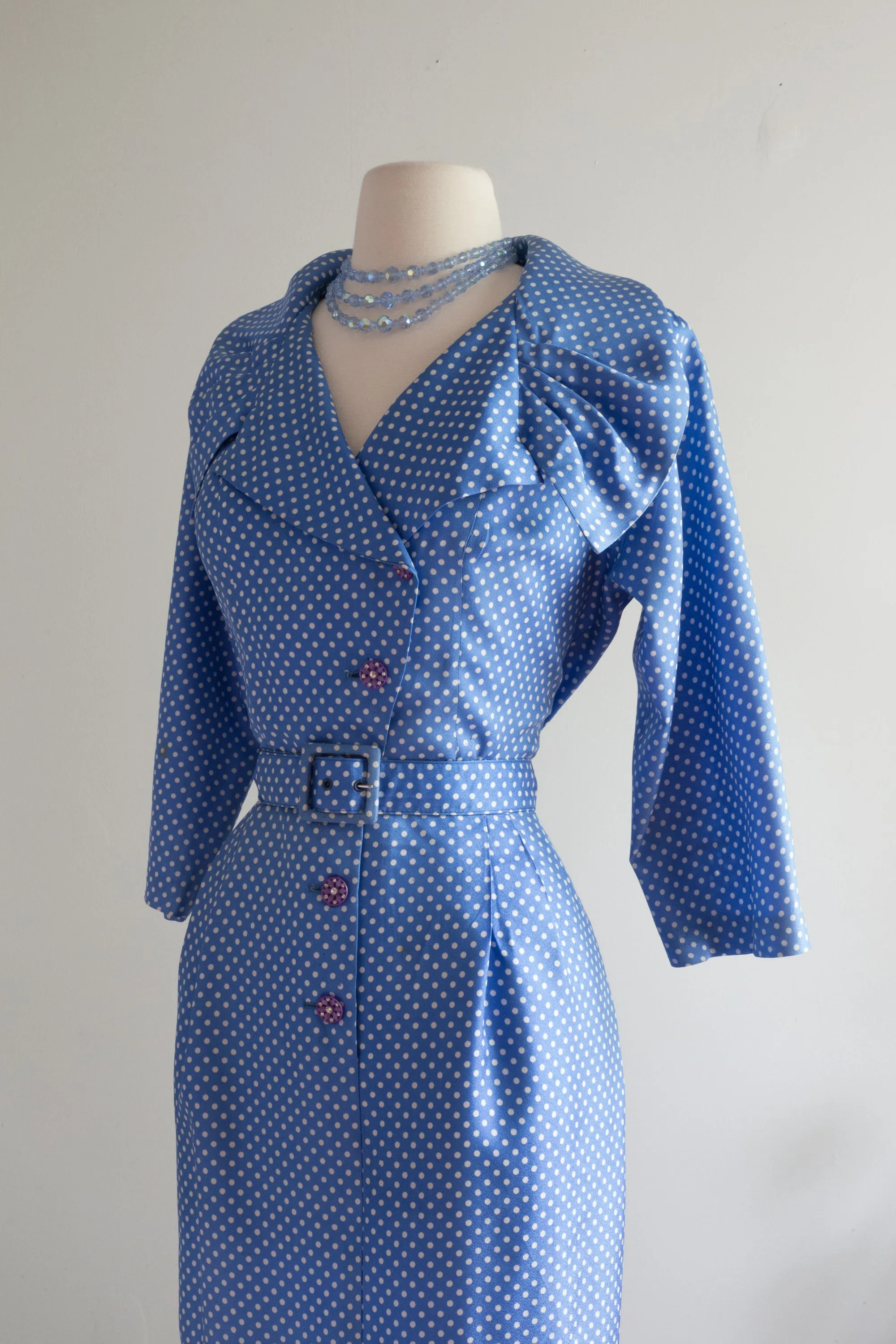 Classic 1950's Cornflower Blue Polka Dot Wiggle Dress With Dramatic Collar / ML