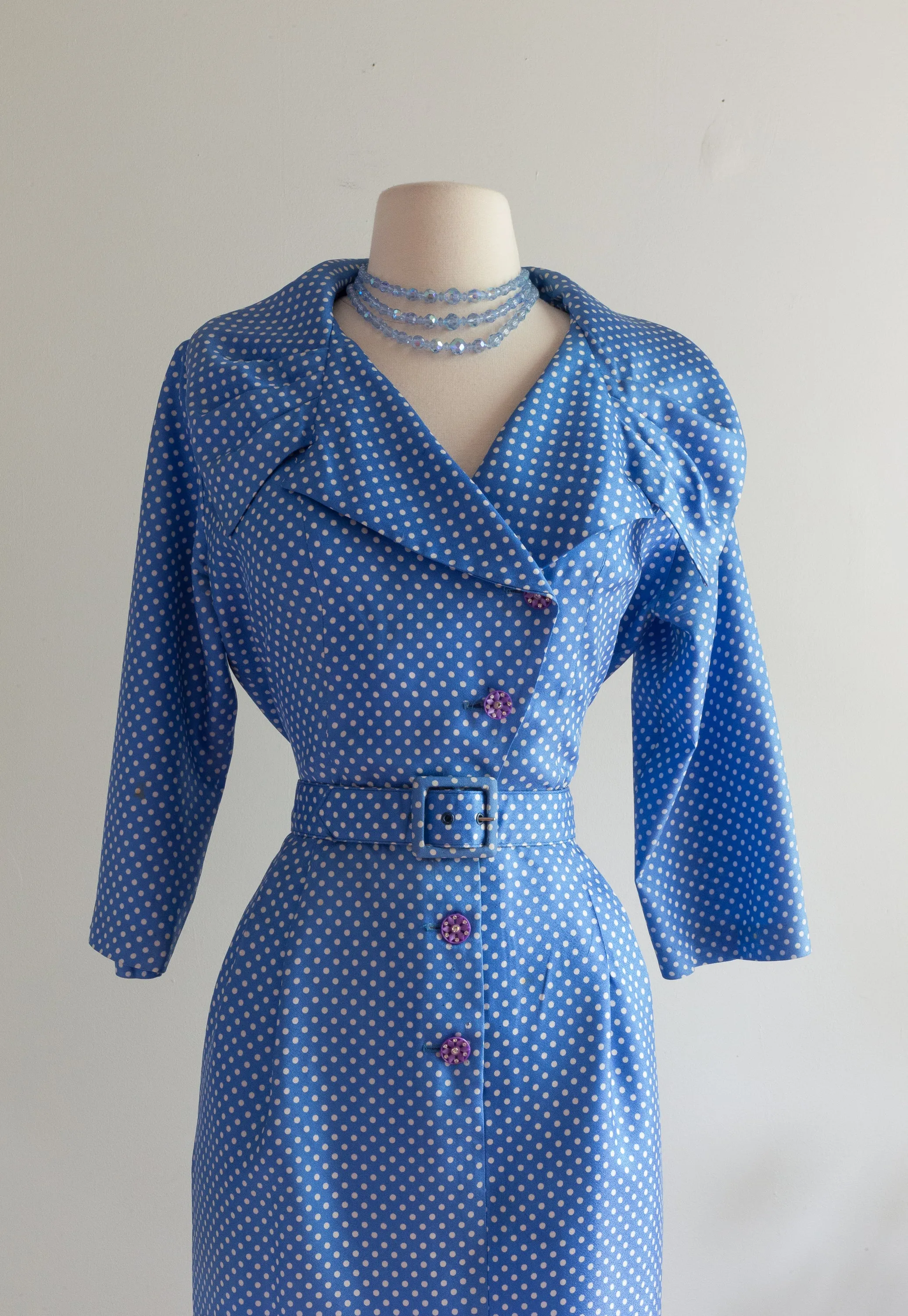 Classic 1950's Cornflower Blue Polka Dot Wiggle Dress With Dramatic Collar / ML