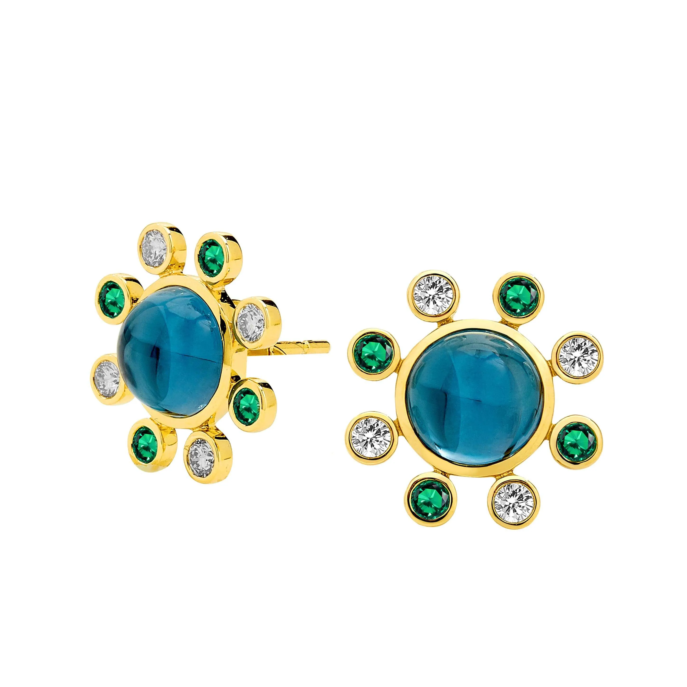 Cosmic London Blue Topaz and Emerald Studs