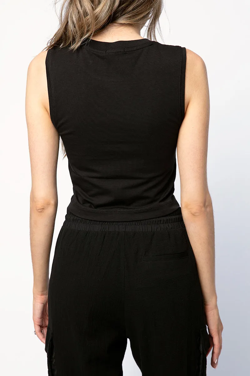 Cotton Cropped Sleeveless Tee in Black