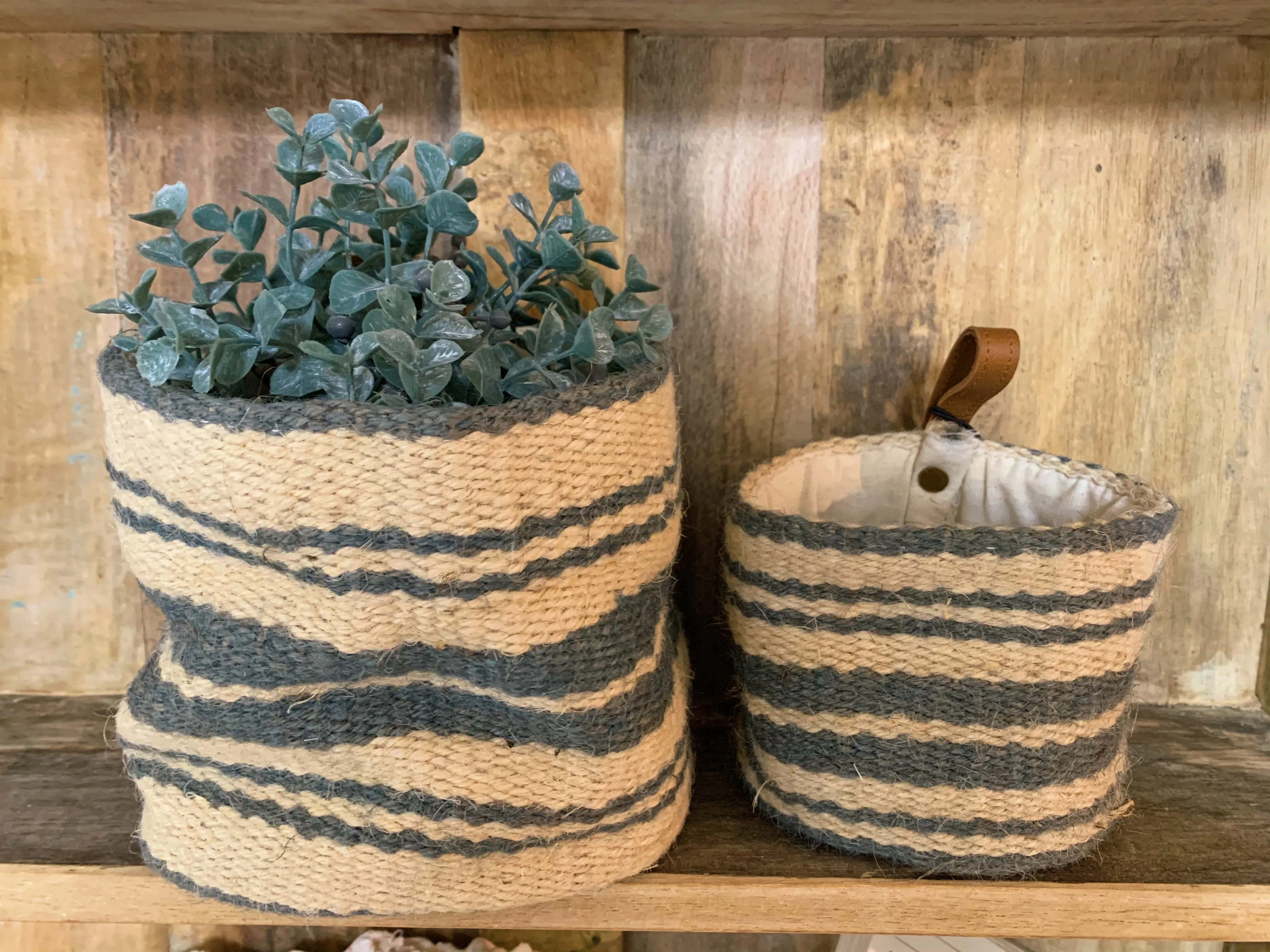 Cream & Blue Striped Jute Wall Baskets with Leather Loops ~ 2 Sizes