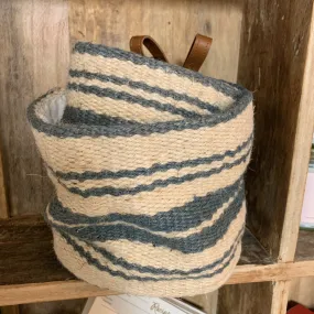 Cream & Blue Striped Jute Wall Baskets with Leather Loops ~ 2 Sizes