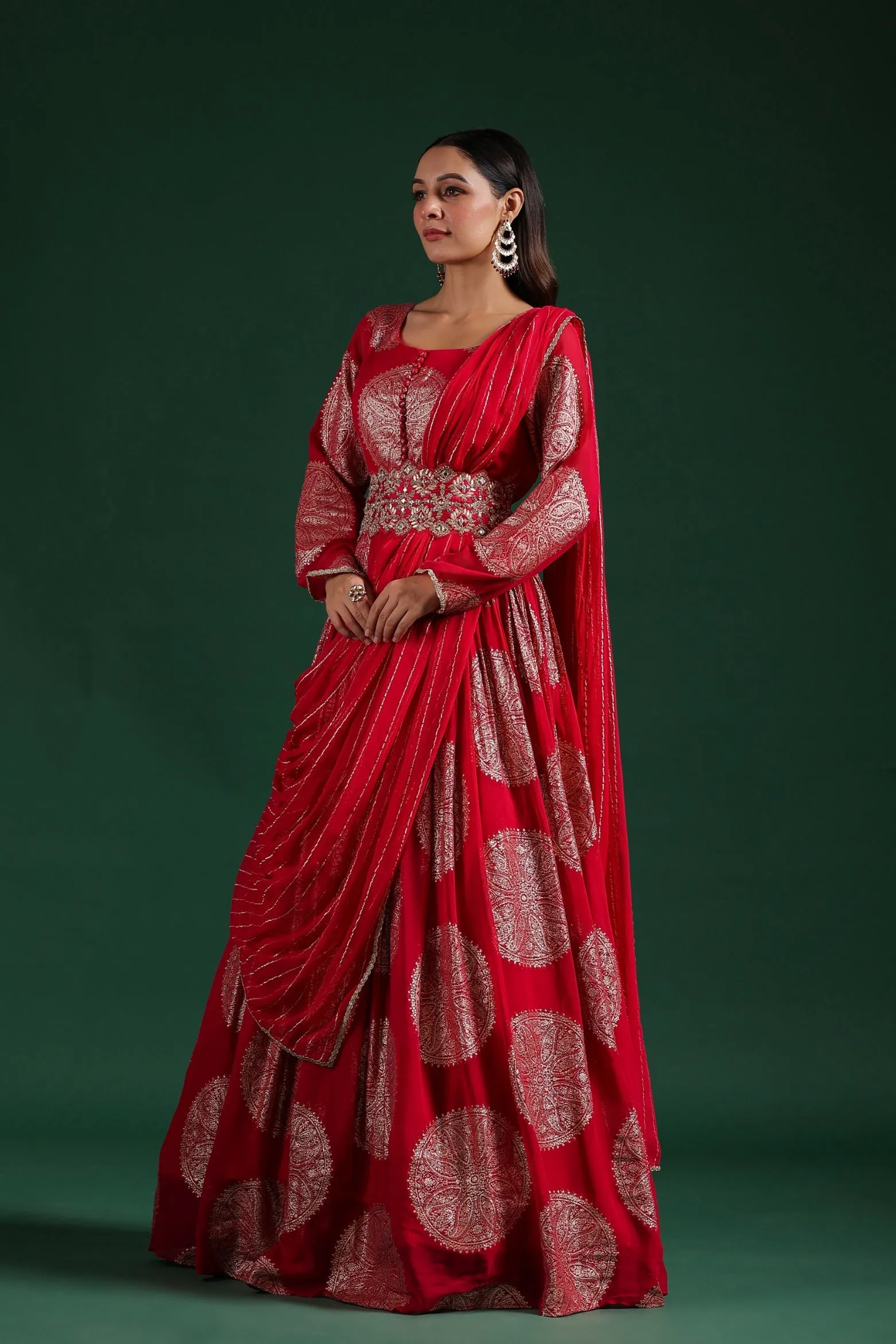 Dark Pink Brocade Georgette Silk Draped Gown