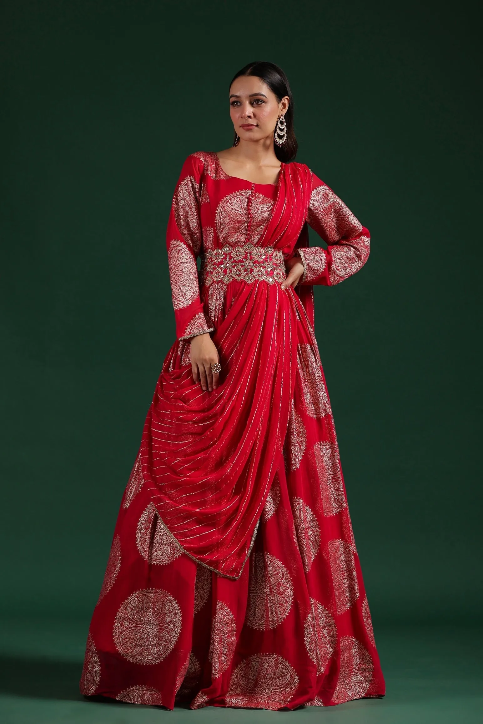 Dark Pink Brocade Georgette Silk Draped Gown