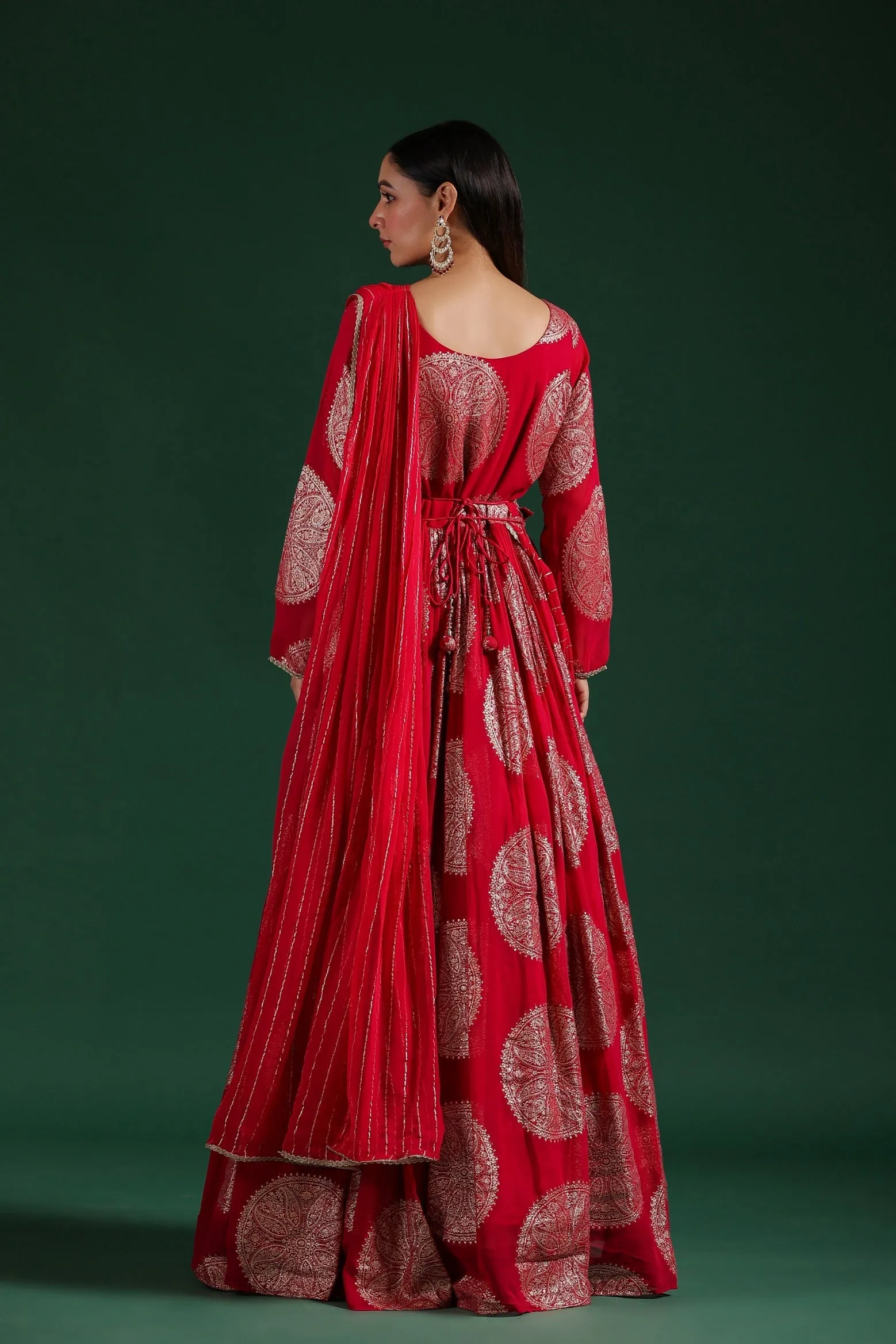 Dark Pink Brocade Georgette Silk Draped Gown