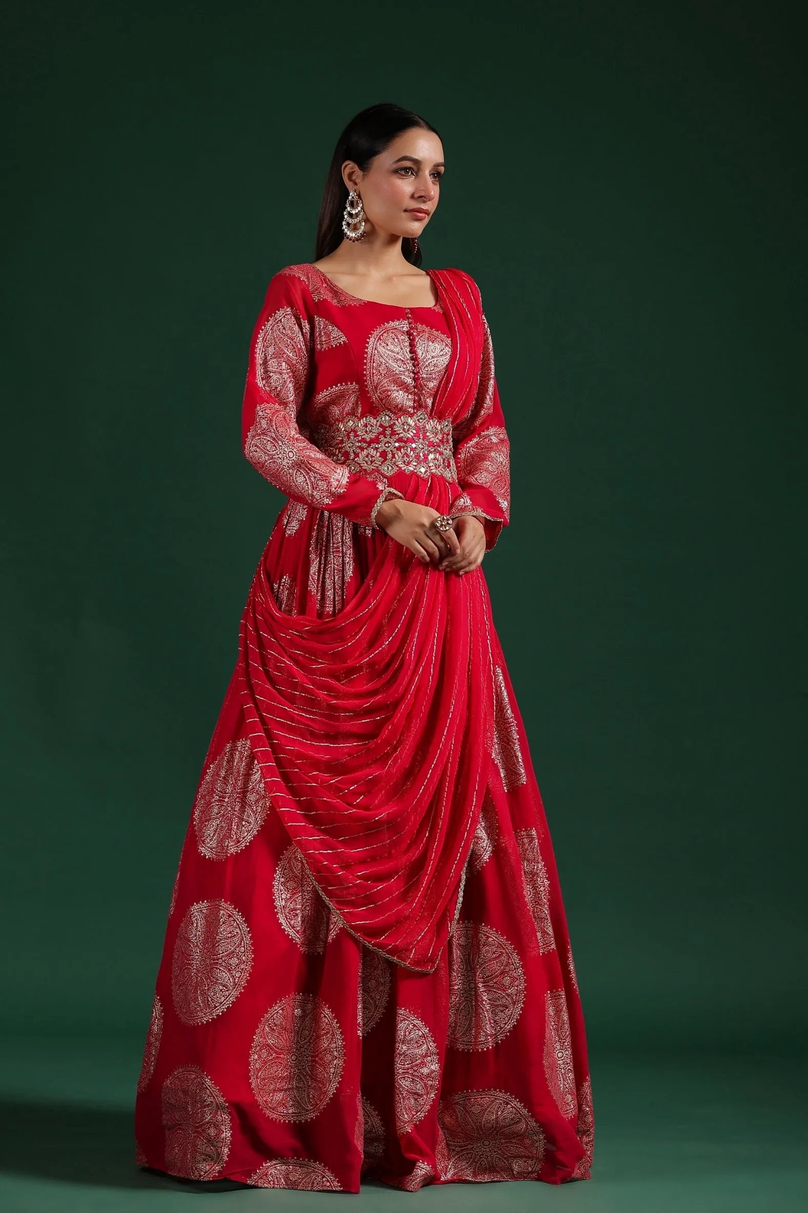 Dark Pink Brocade Georgette Silk Draped Gown