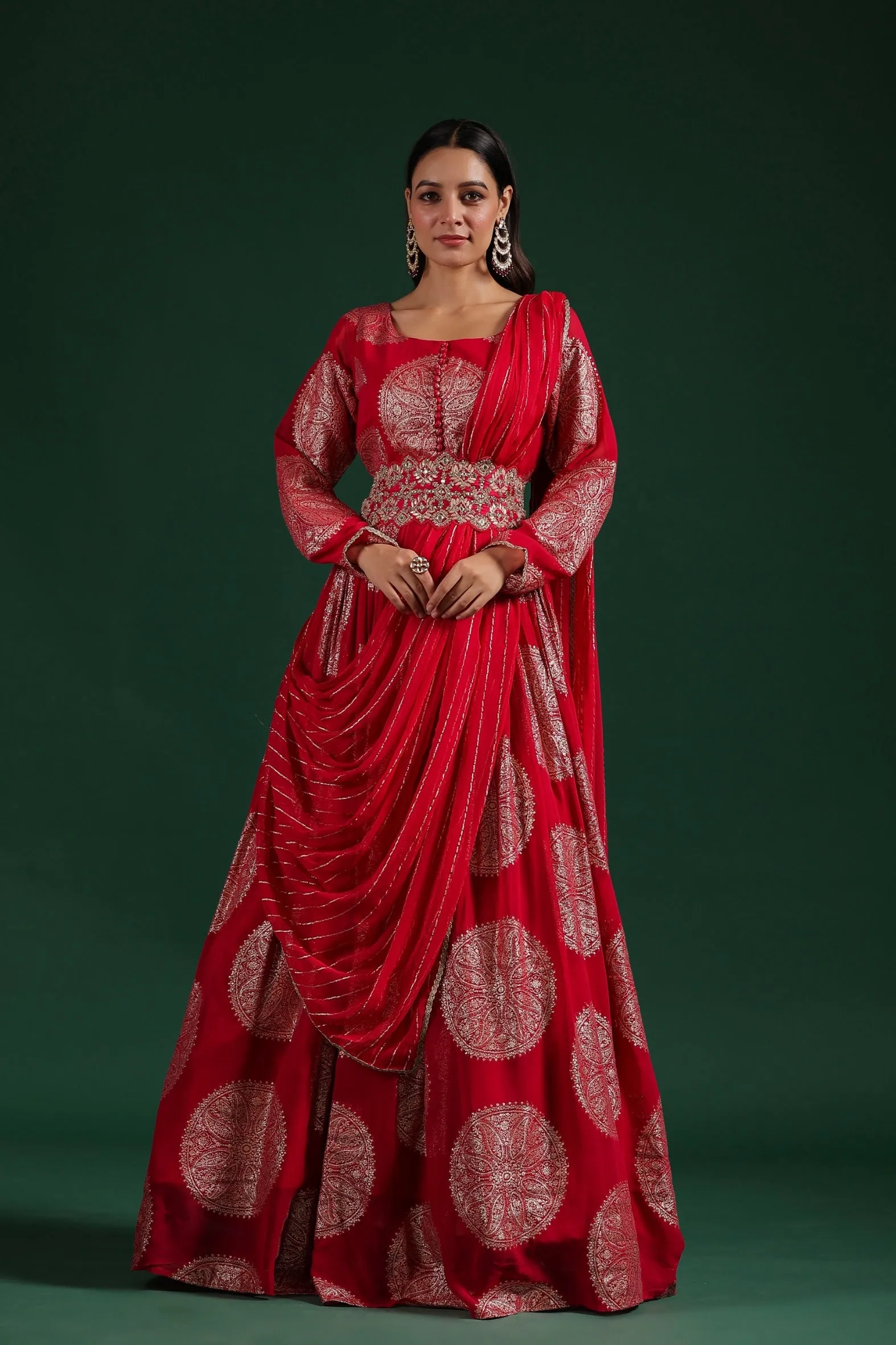 Dark Pink Brocade Georgette Silk Draped Gown