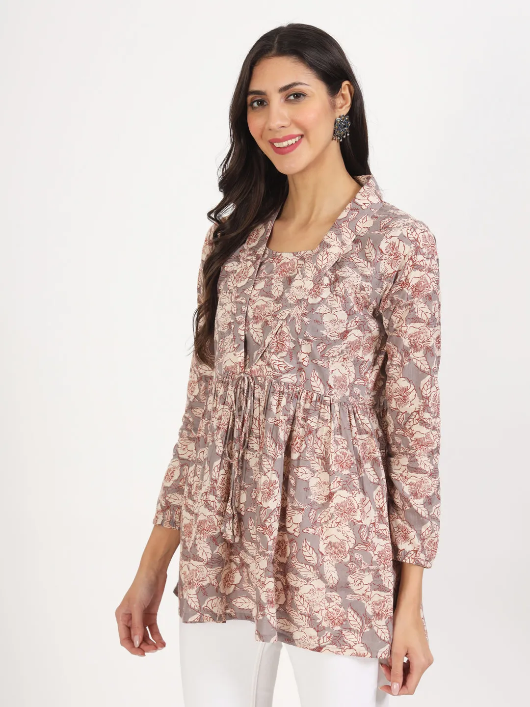 Divena Grey Floral Printed Cotton Top